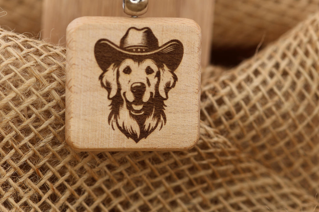 Cowboy Golden Retriever keychain / Bag Charm: laser engraved wood, western gift