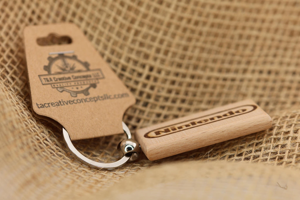 Nintendo logo keychain / bag charm: laser engraved hardwood, stainless steel keyring