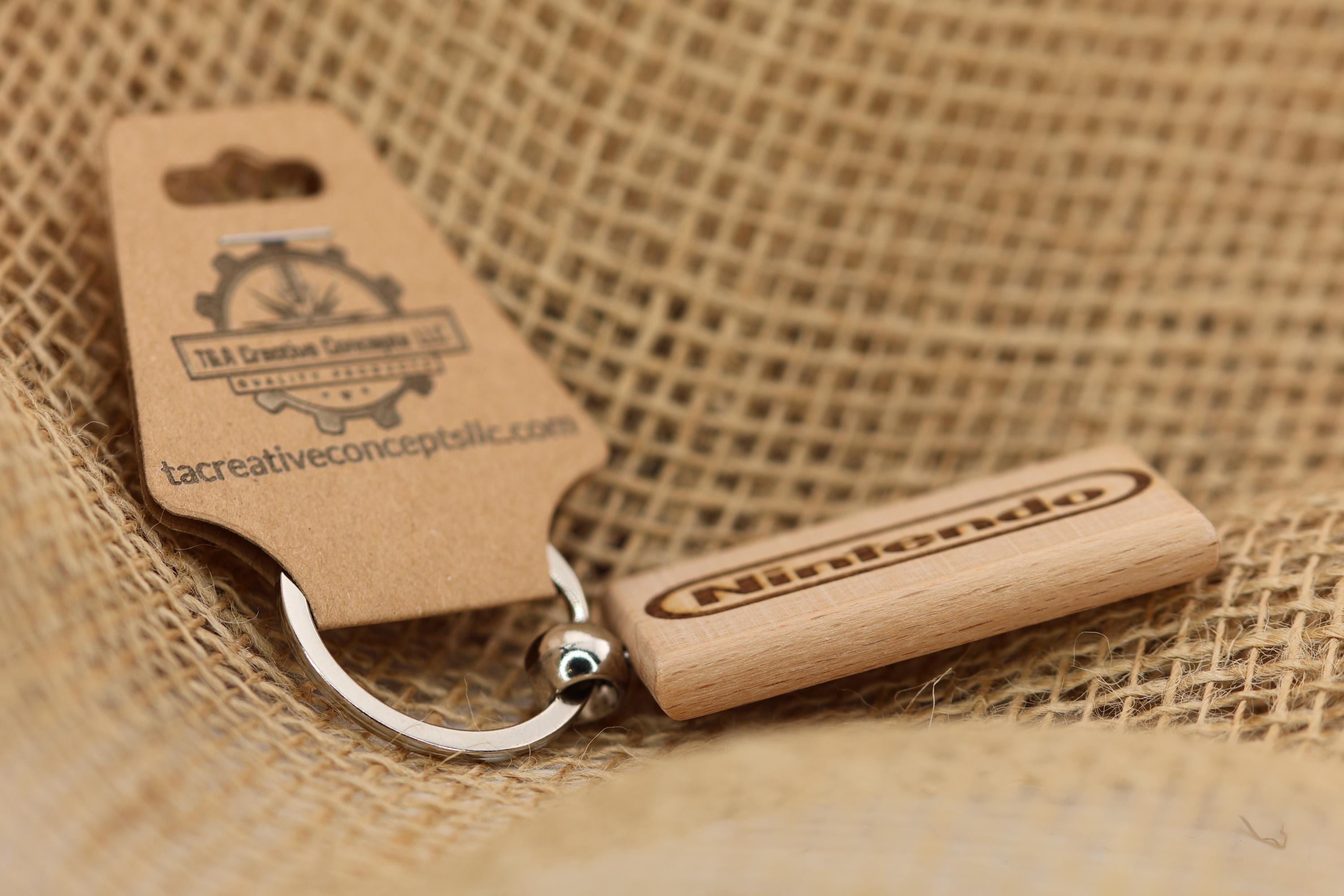 Nintendo logo keychain / bag charm: laser engraved hardwood, stainless steel keyring