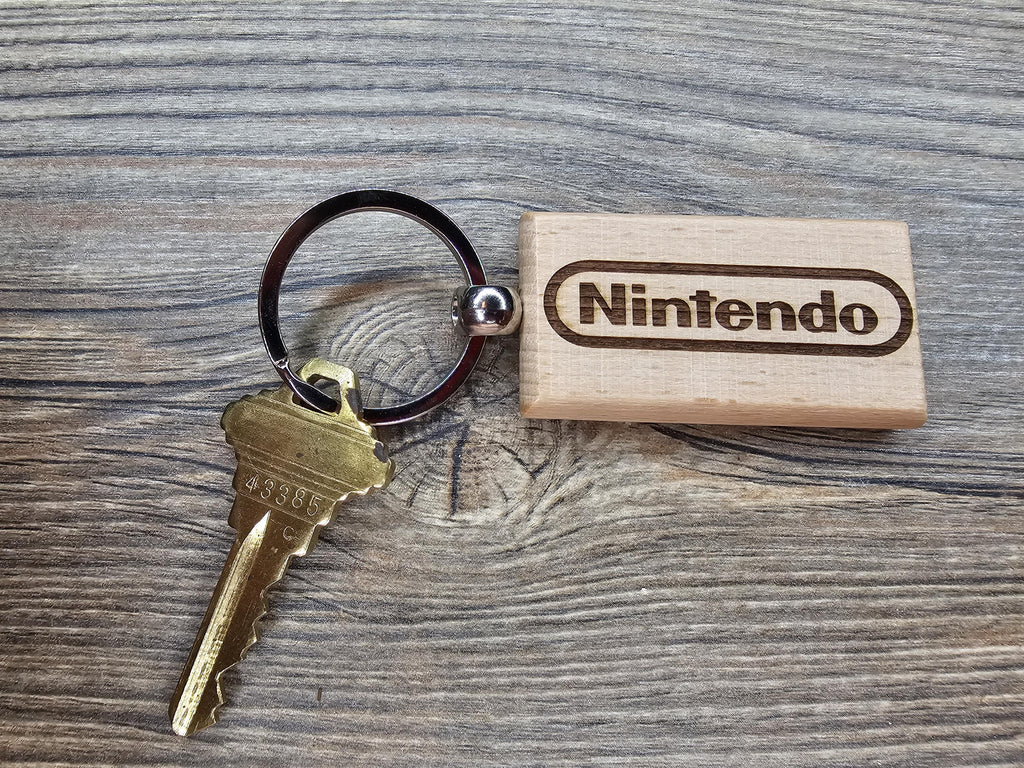 Nintendo logo keychain / bag charm: laser engraved hardwood, stainless steel keyring