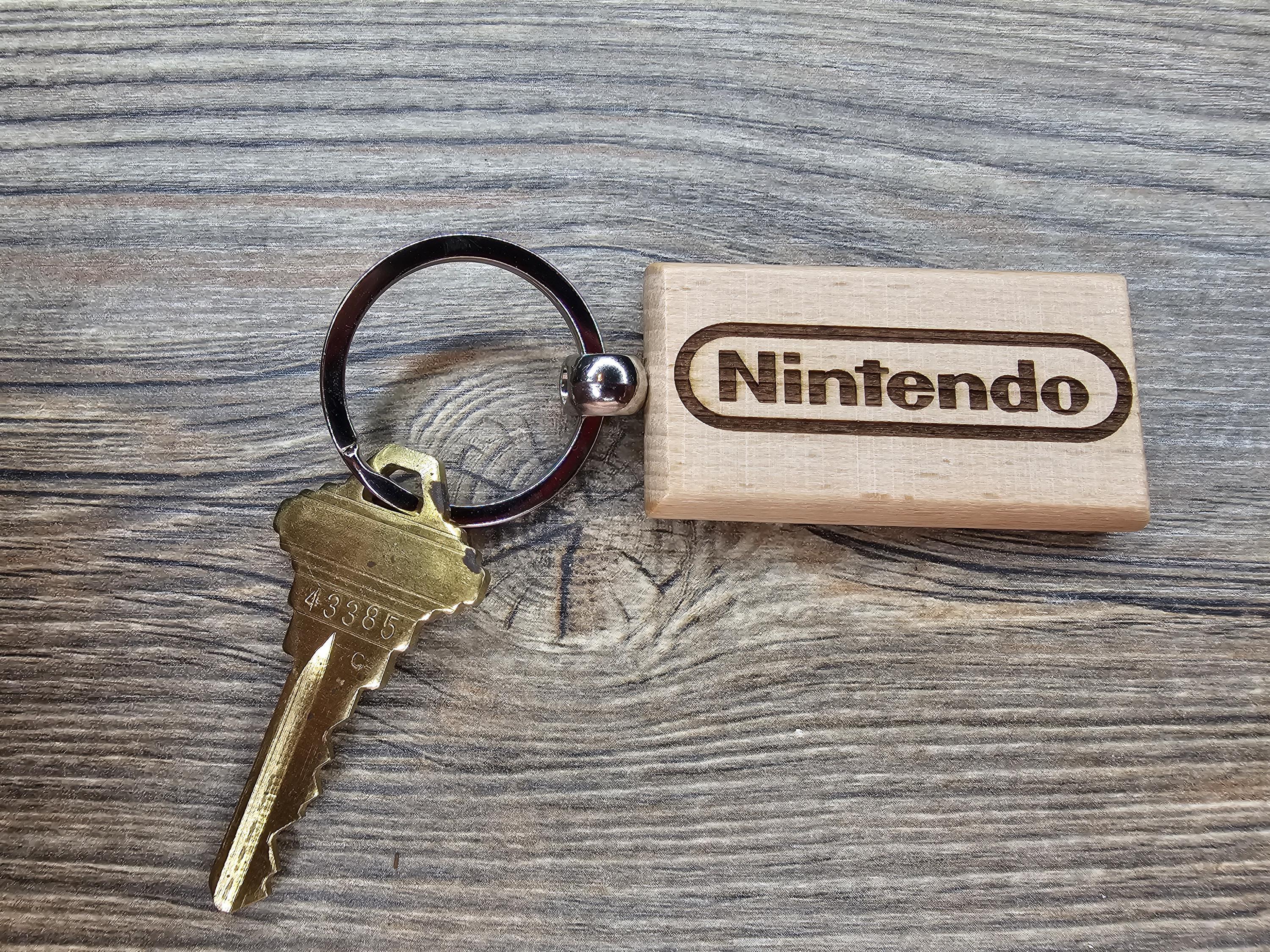 Nintendo logo keychain / bag charm: laser engraved hardwood, stainless steel keyring