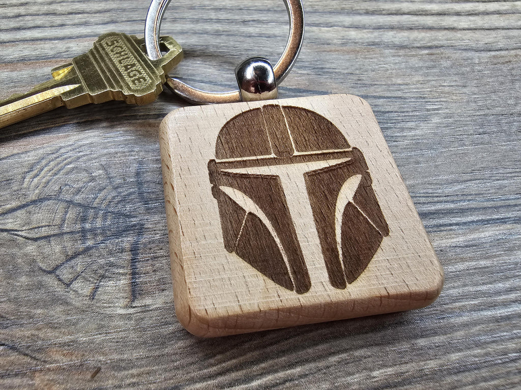 The Mandalorian helmet keychain / bag charm – double-sided laser engraved wood with stainless steel keyring, star wars gift