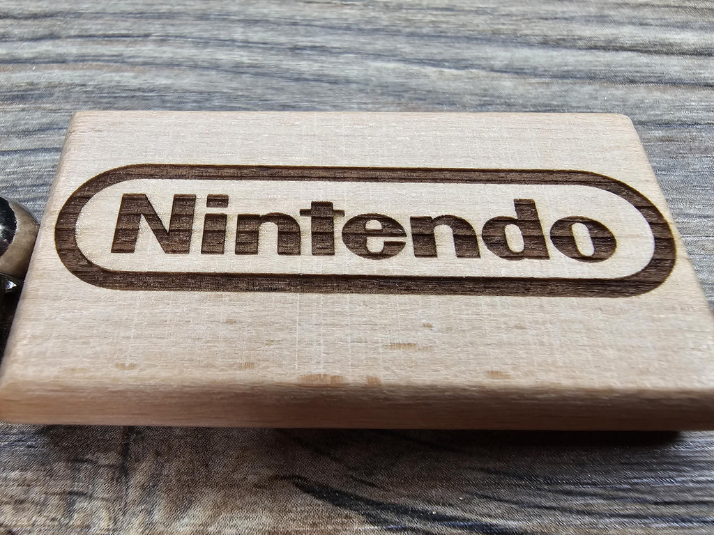 Nintendo logo keychain / bag charm: laser engraved hardwood, stainless steel keyring
