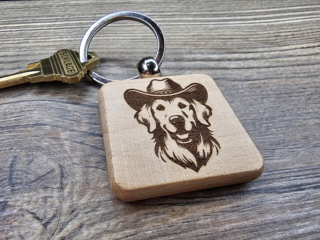 Cowboy Golden Retriever keychain / Bag Charm: laser engraved wood, western gift