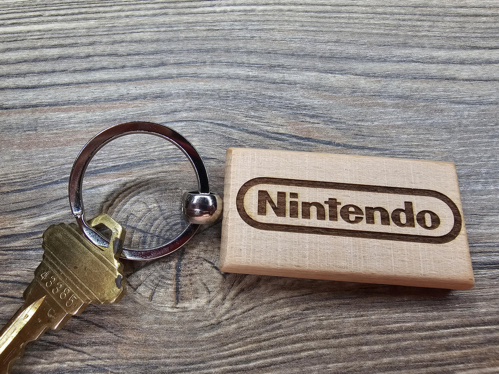 Nintendo logo keychain / bag charm: laser engraved hardwood, stainless steel keyring