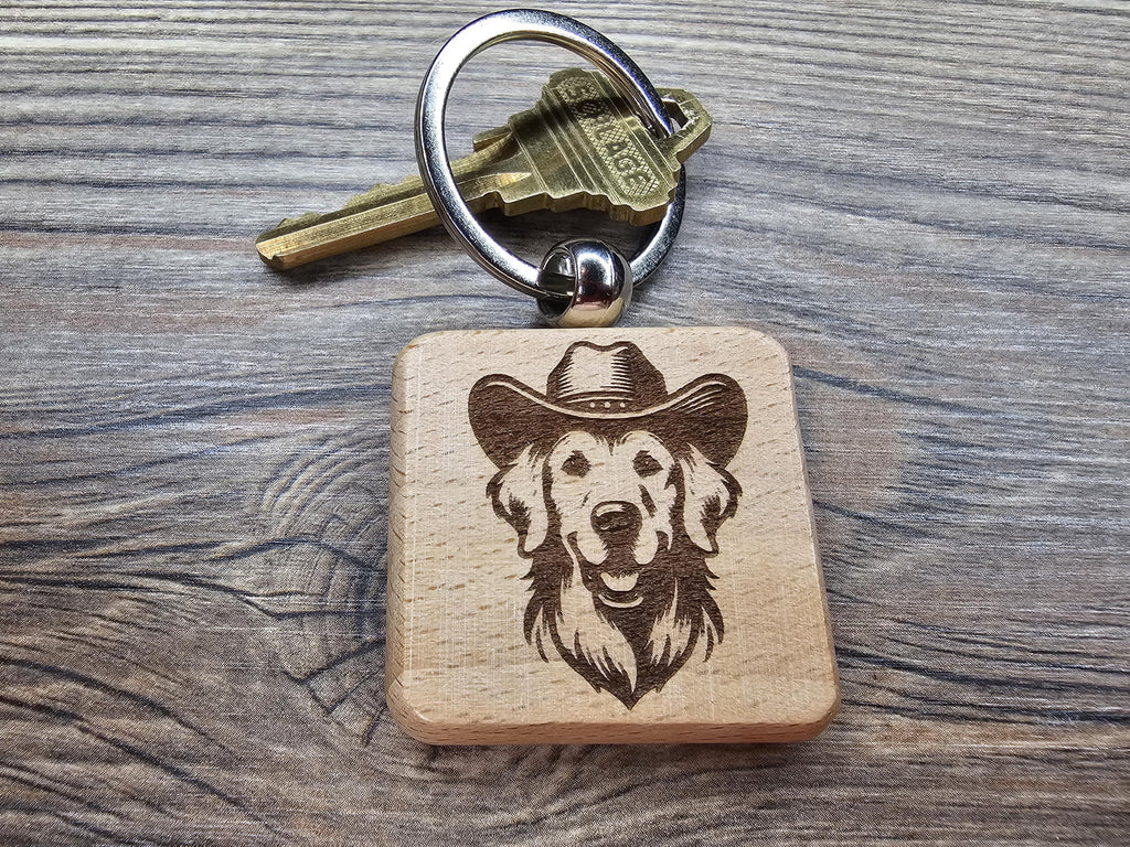 Cowboy Golden Retriever keychain / Bag Charm: laser engraved wood, western gift