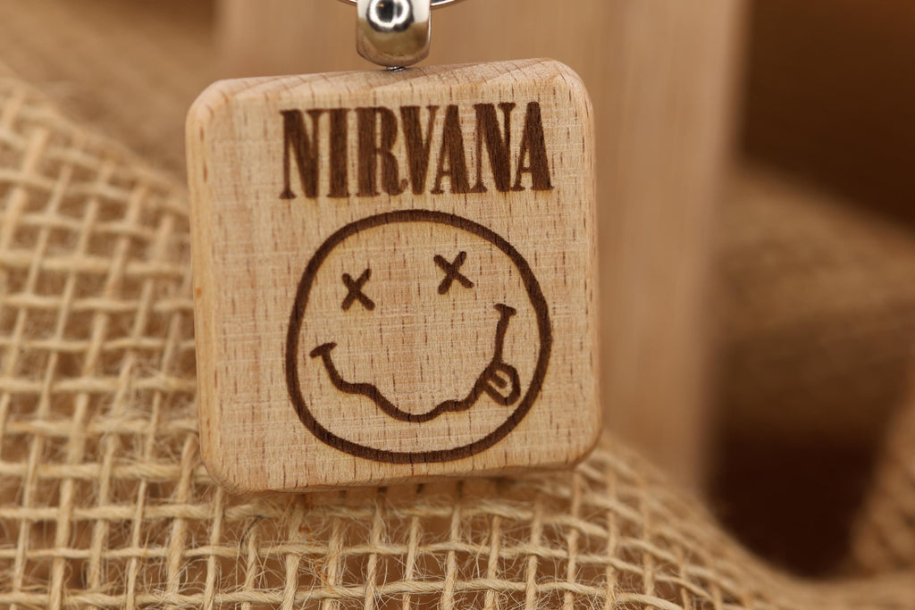 Nirvana smiley face keychain / bag charm: laser engraved hardwood, stainless steel keyring