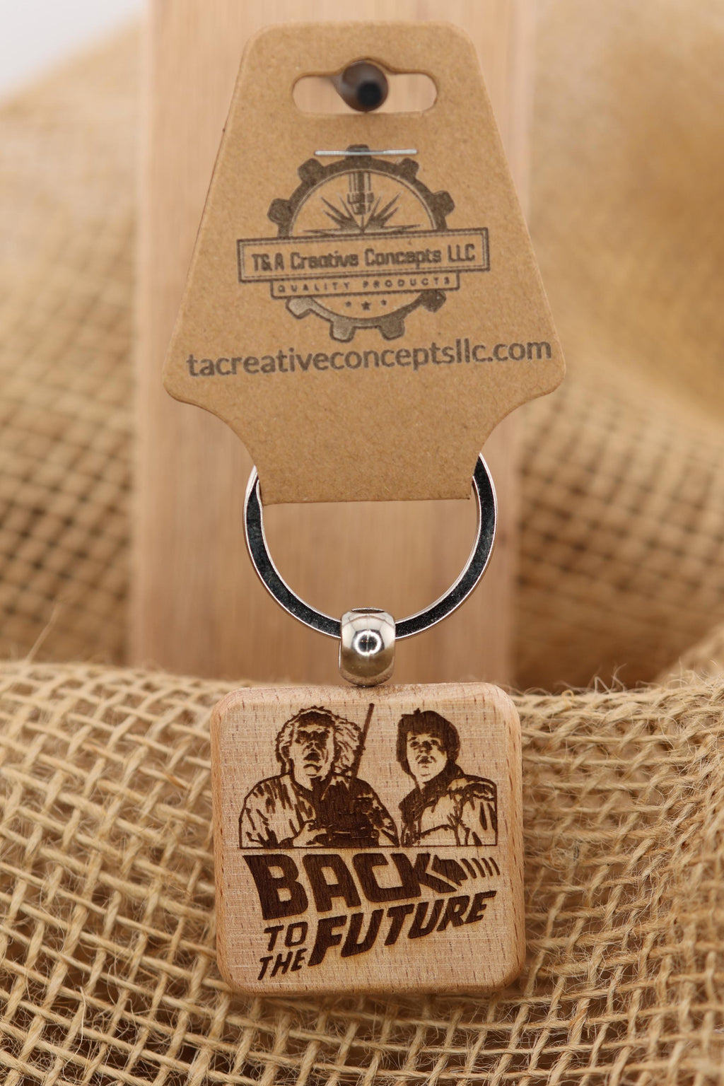 Back to the future keychain / bag charm: laser engraved hardwood, stainless steel keyring