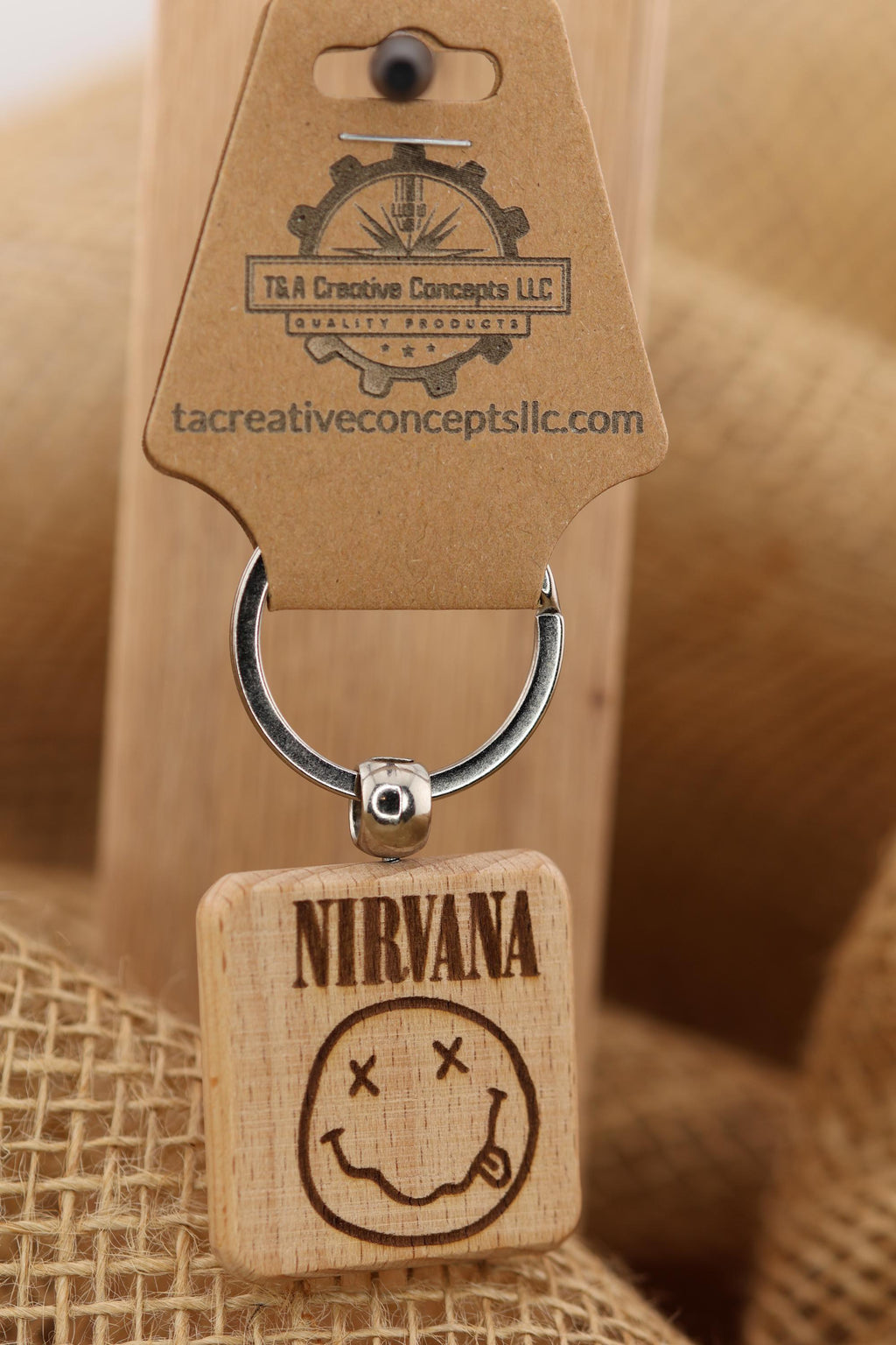 Nirvana smiley face keychain / bag charm: laser engraved hardwood, stainless steel keyring