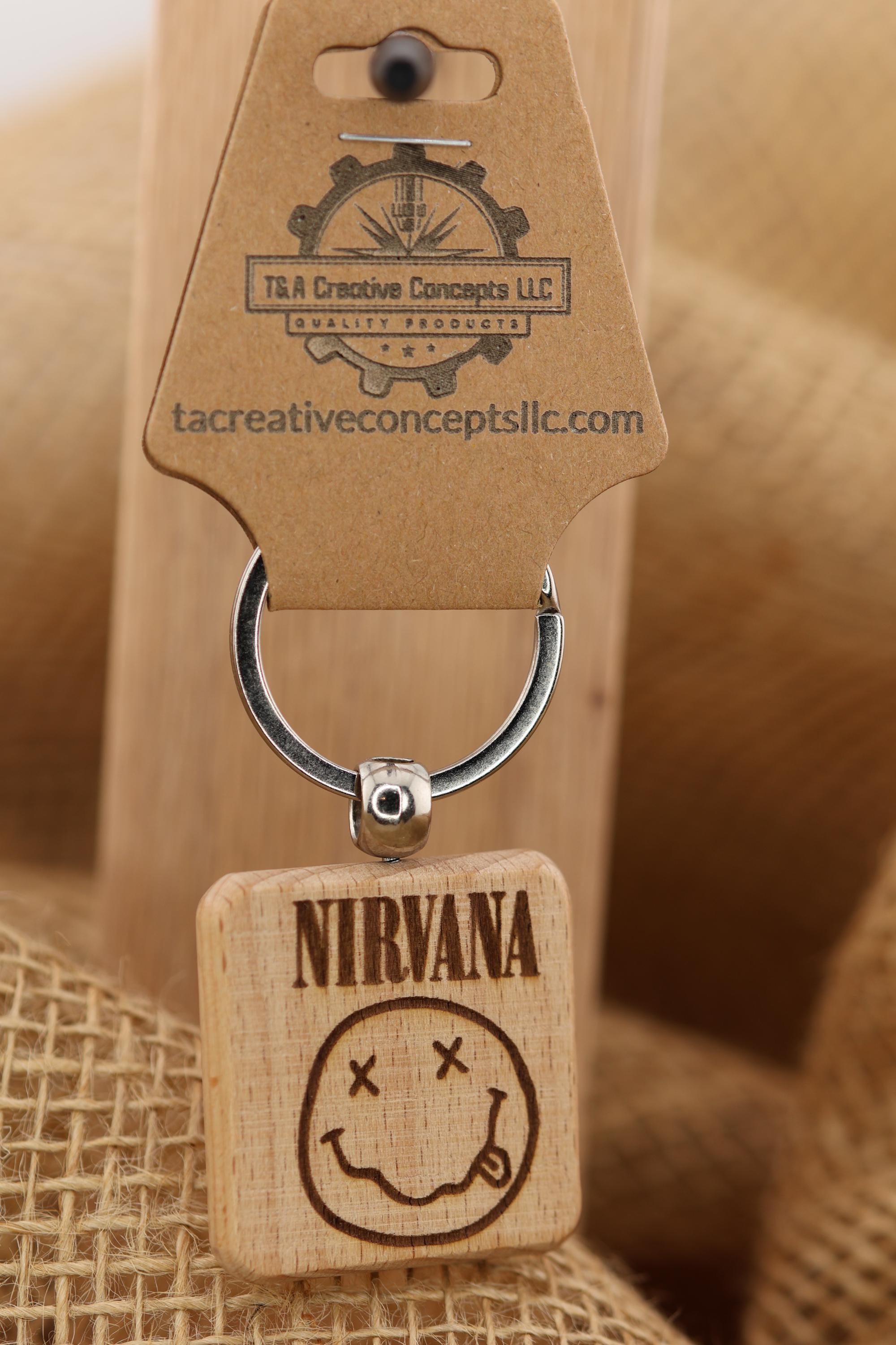 Nirvana smiley face keychain / bag charm: laser engraved hardwood, stainless steel keyring