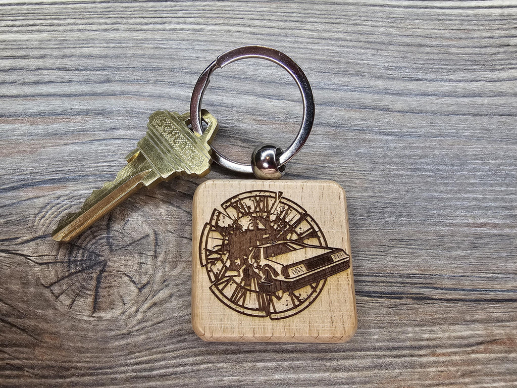 Back to the future keychain / bag charm: laser engraved hardwood, stainless steel keyring