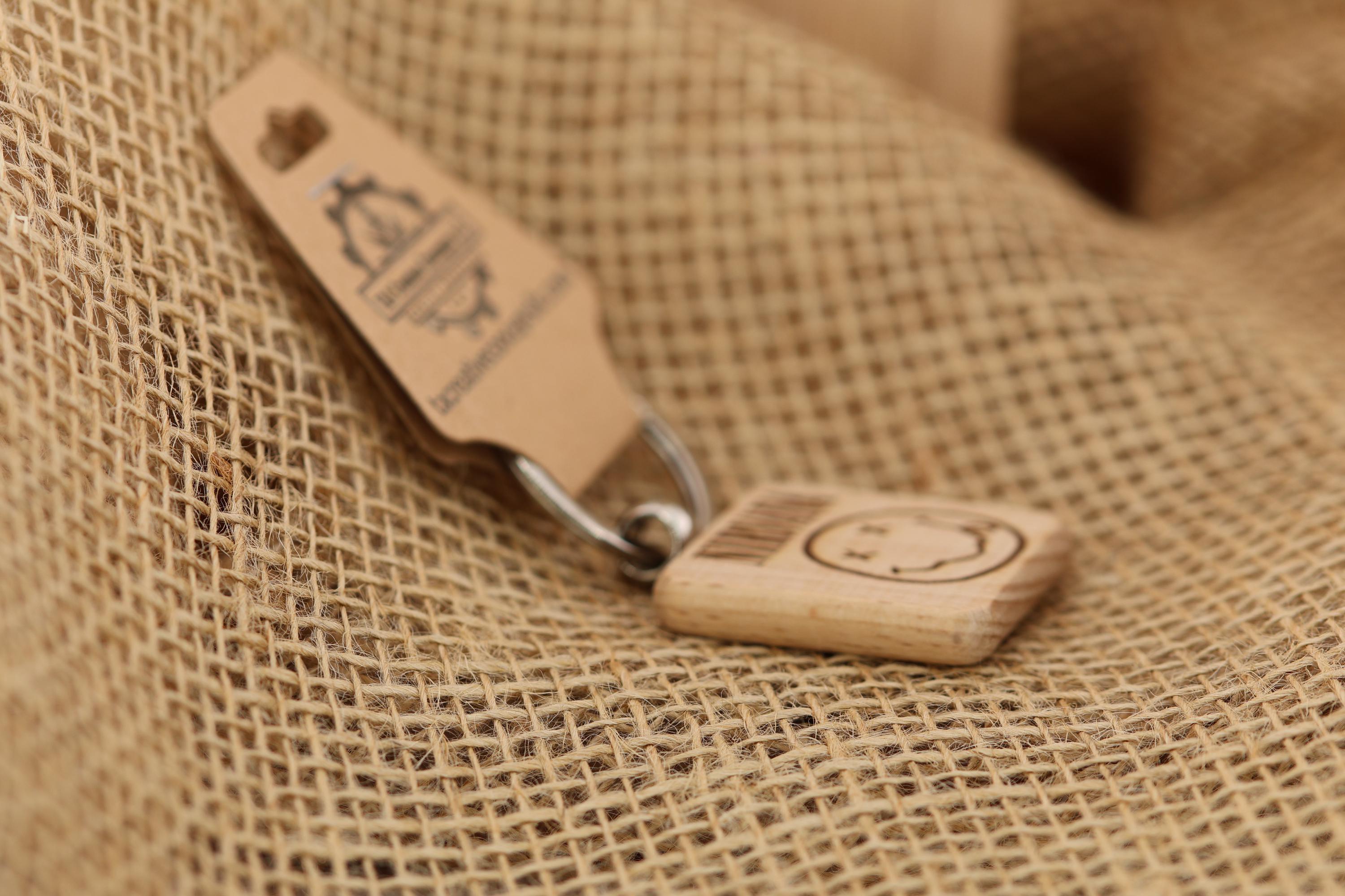 Nirvana smiley face keychain / bag charm: laser engraved hardwood, stainless steel keyring