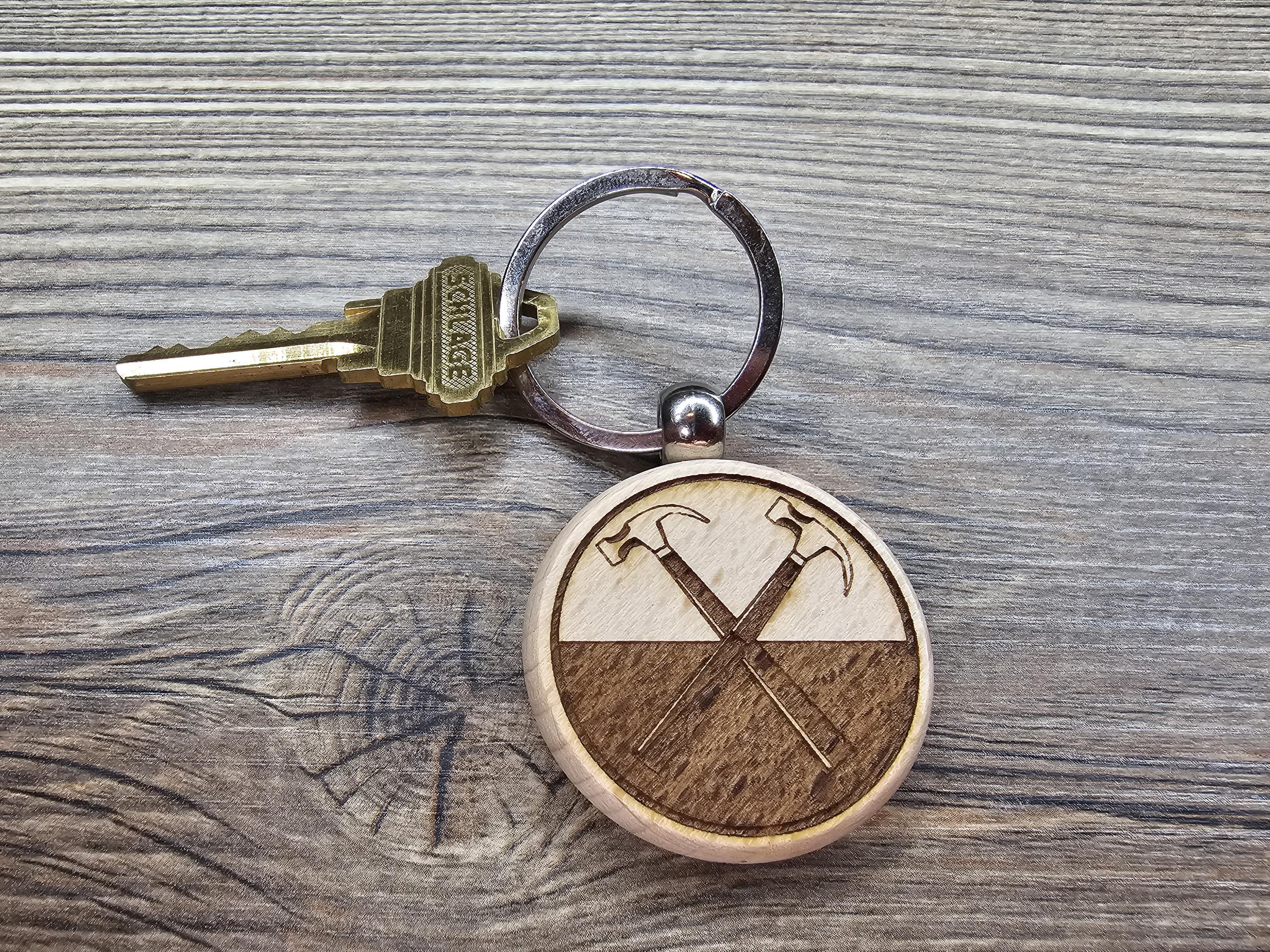 Pink Floyd hammers keychain: laser engraved hardwood, stainless steel keyring