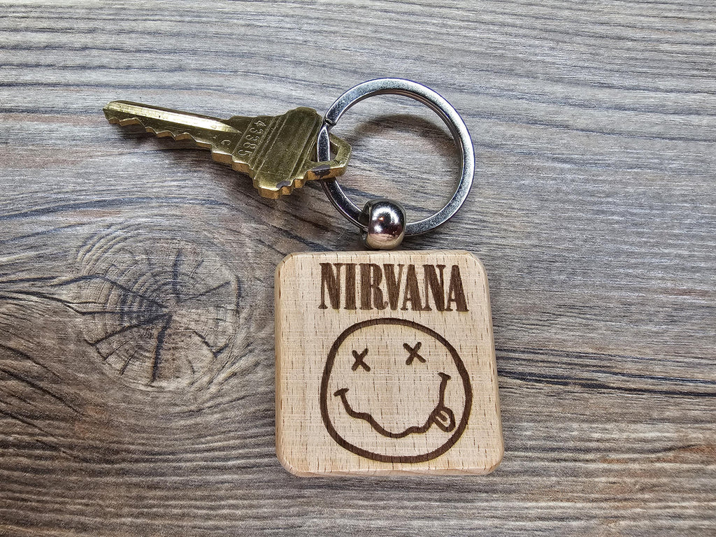 Nirvana smiley face keychain / bag charm: laser engraved hardwood, stainless steel keyring