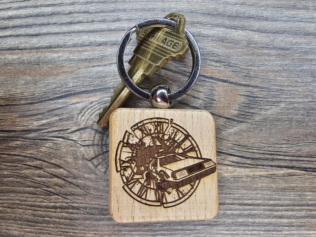 Back to the future keychain / bag charm: laser engraved hardwood, stainless steel keyring