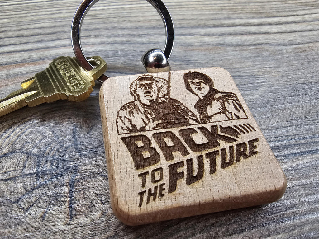 Back to the future keychain / bag charm: laser engraved hardwood, stainless steel keyring