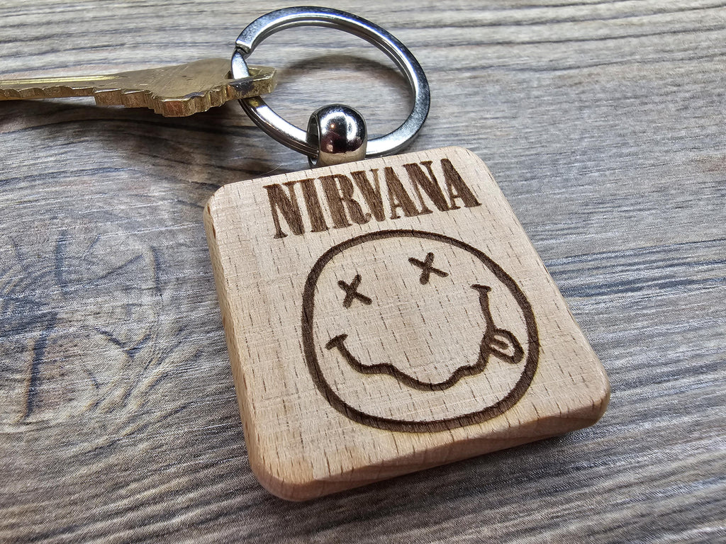 Nirvana smiley face keychain / bag charm: laser engraved hardwood, stainless steel keyring