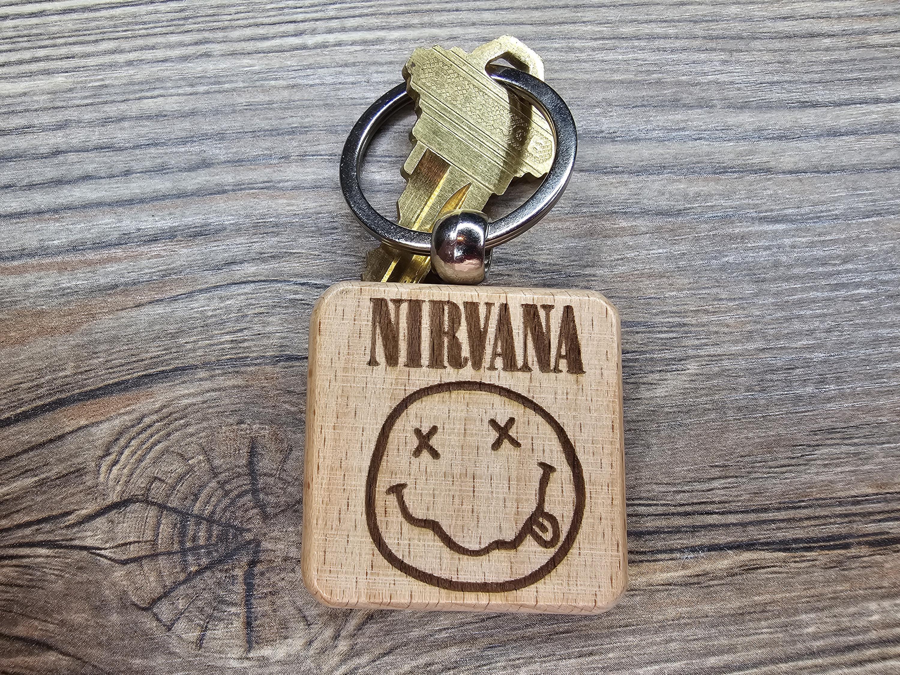 Nirvana smiley face keychain / bag charm: laser engraved hardwood, stainless steel keyring