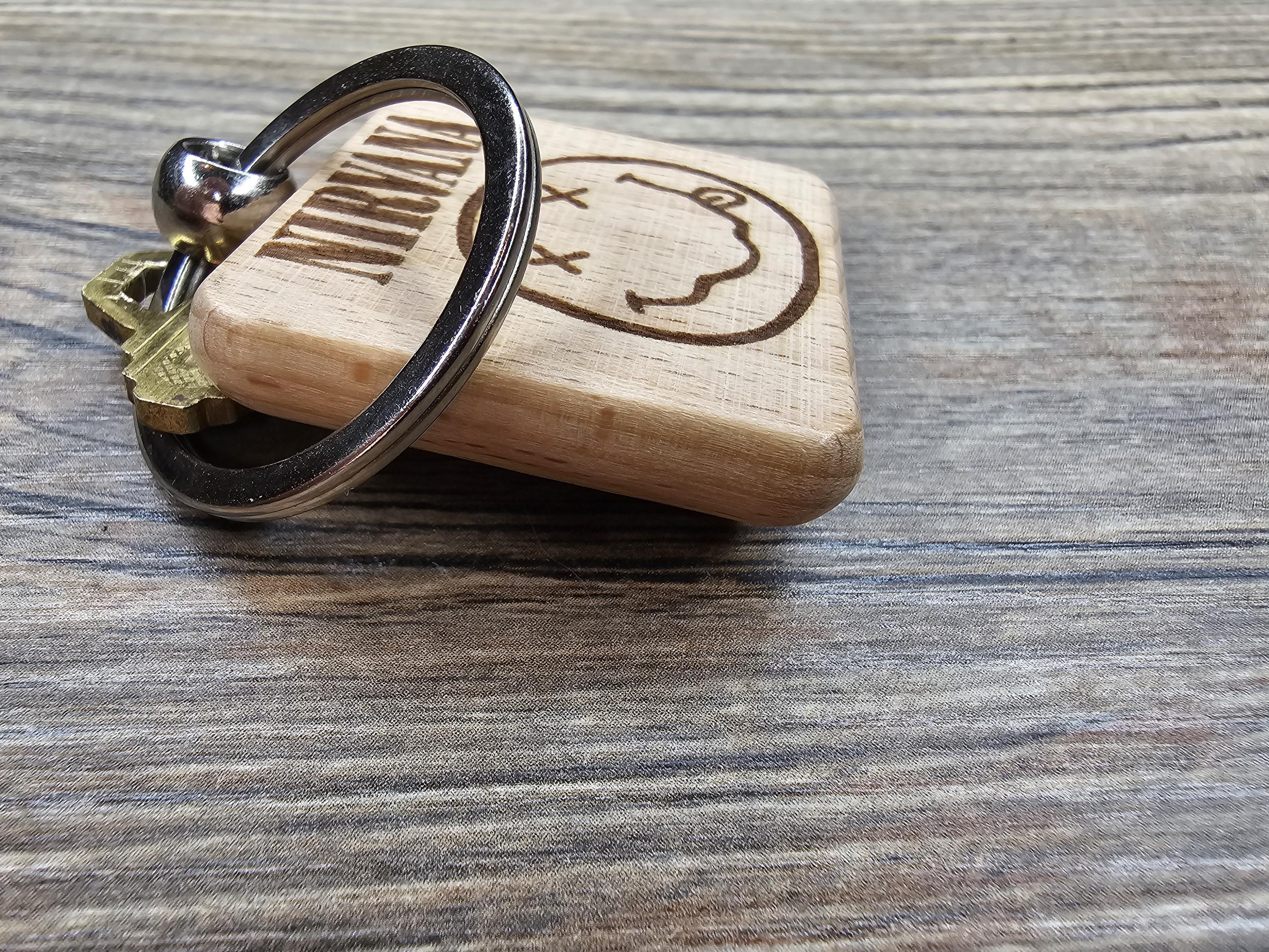 Nirvana smiley face keychain / bag charm: laser engraved hardwood, stainless steel keyring