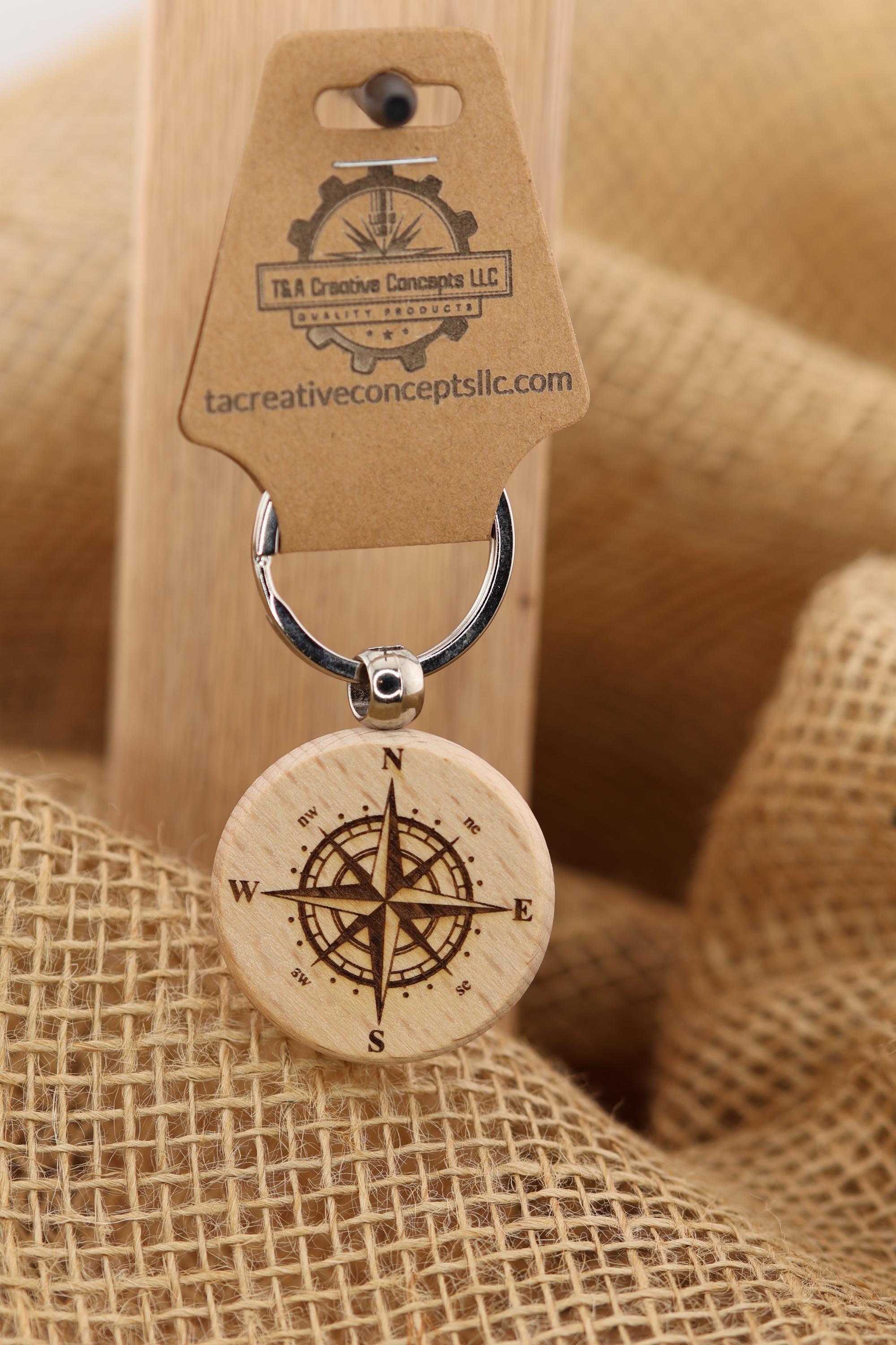 Laser engraved wood compass keychain / bag charm: double-sided adventure gift