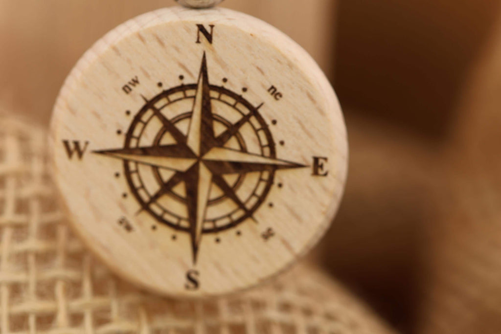 Laser engraved wood compass keychain / bag charm: double-sided adventure gift