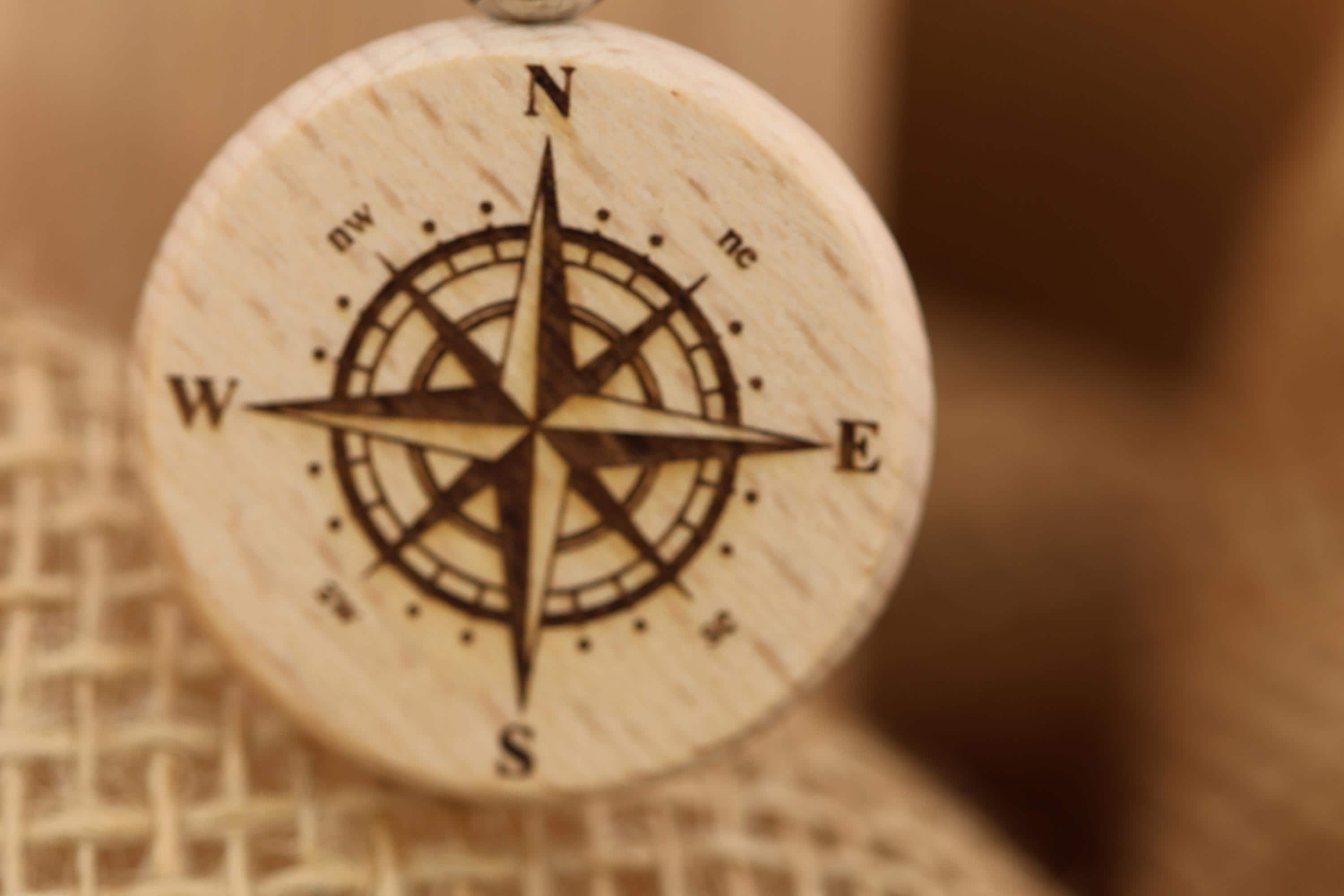 Laser engraved wood compass keychain / bag charm: double-sided adventure gift
