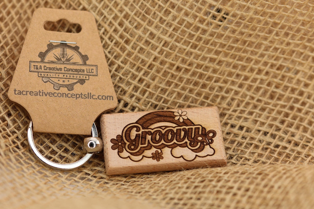 Groovy hardwood keychain / bag charm: laser engraved retro 70s style