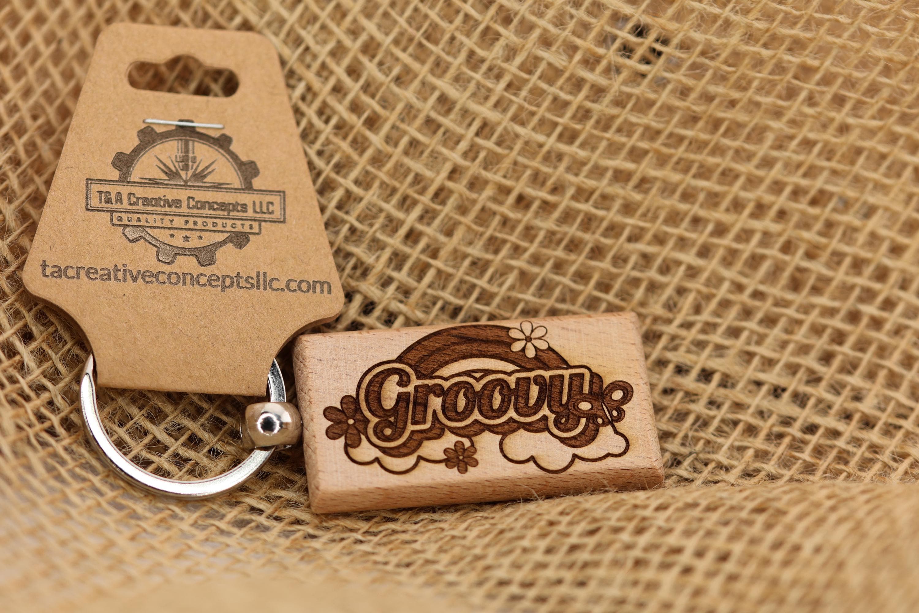 Groovy hardwood keychain / bag charm: laser engraved retro 70s style