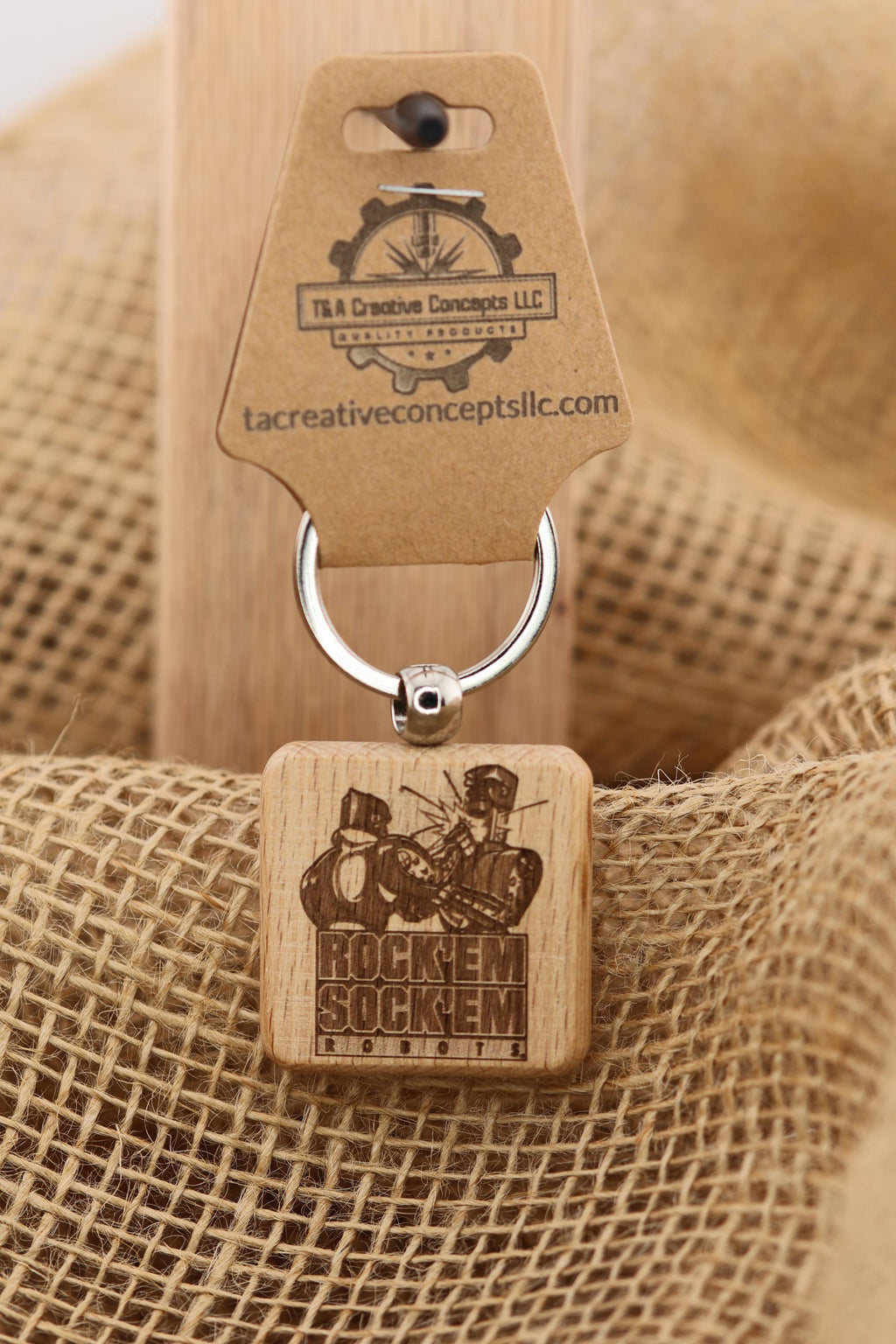 Rock'em Sock'em Robots keychain / bag charm: laser engraved wood, retro game gift