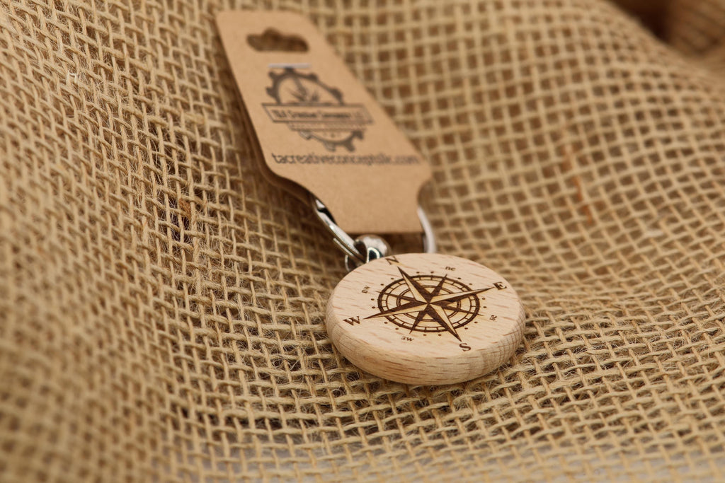 Laser engraved wood compass keychain / bag charm: double-sided adventure gift
