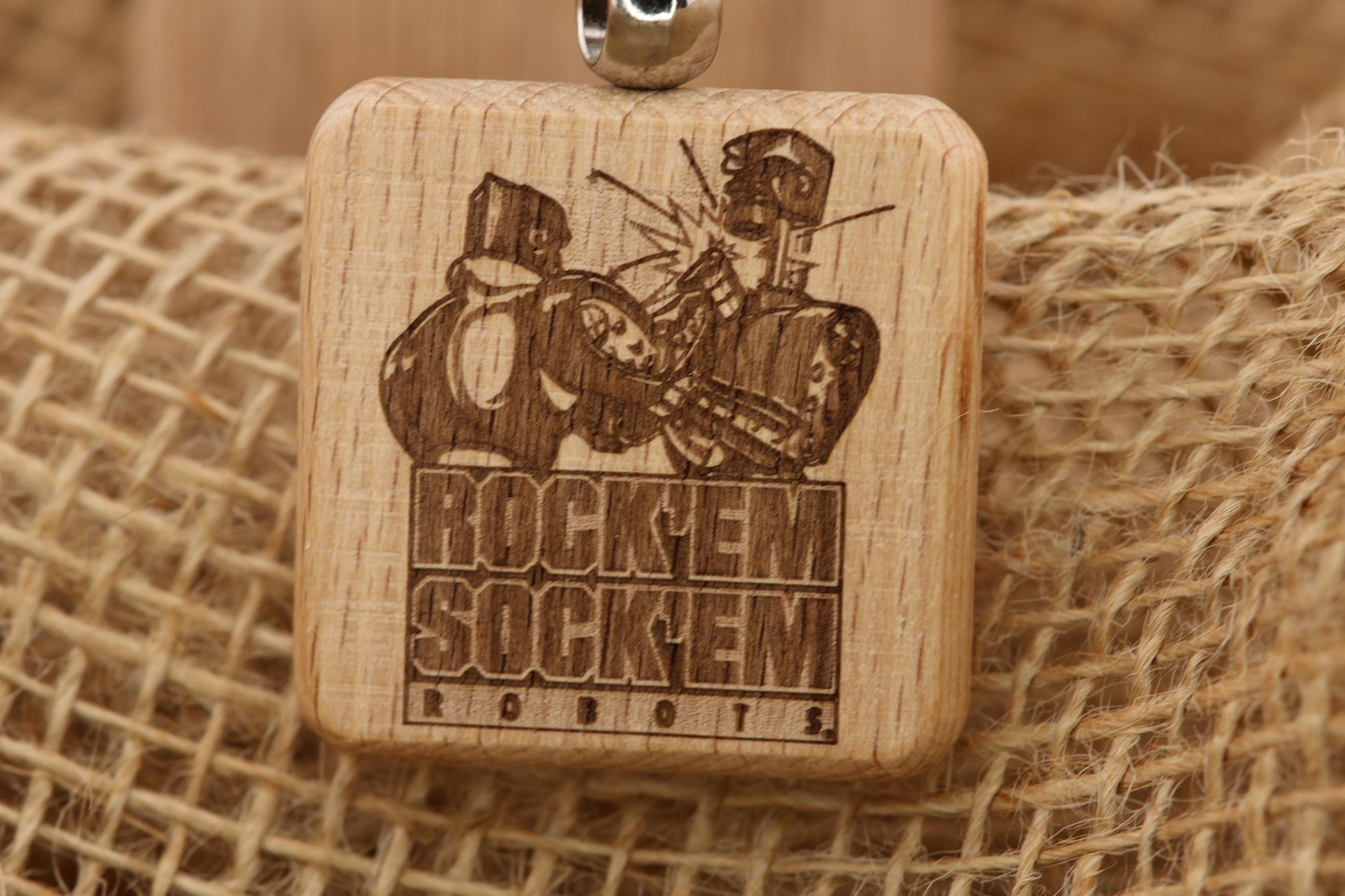 Rock'em Sock'em Robots keychain / bag charm: laser engraved wood, retro game gift