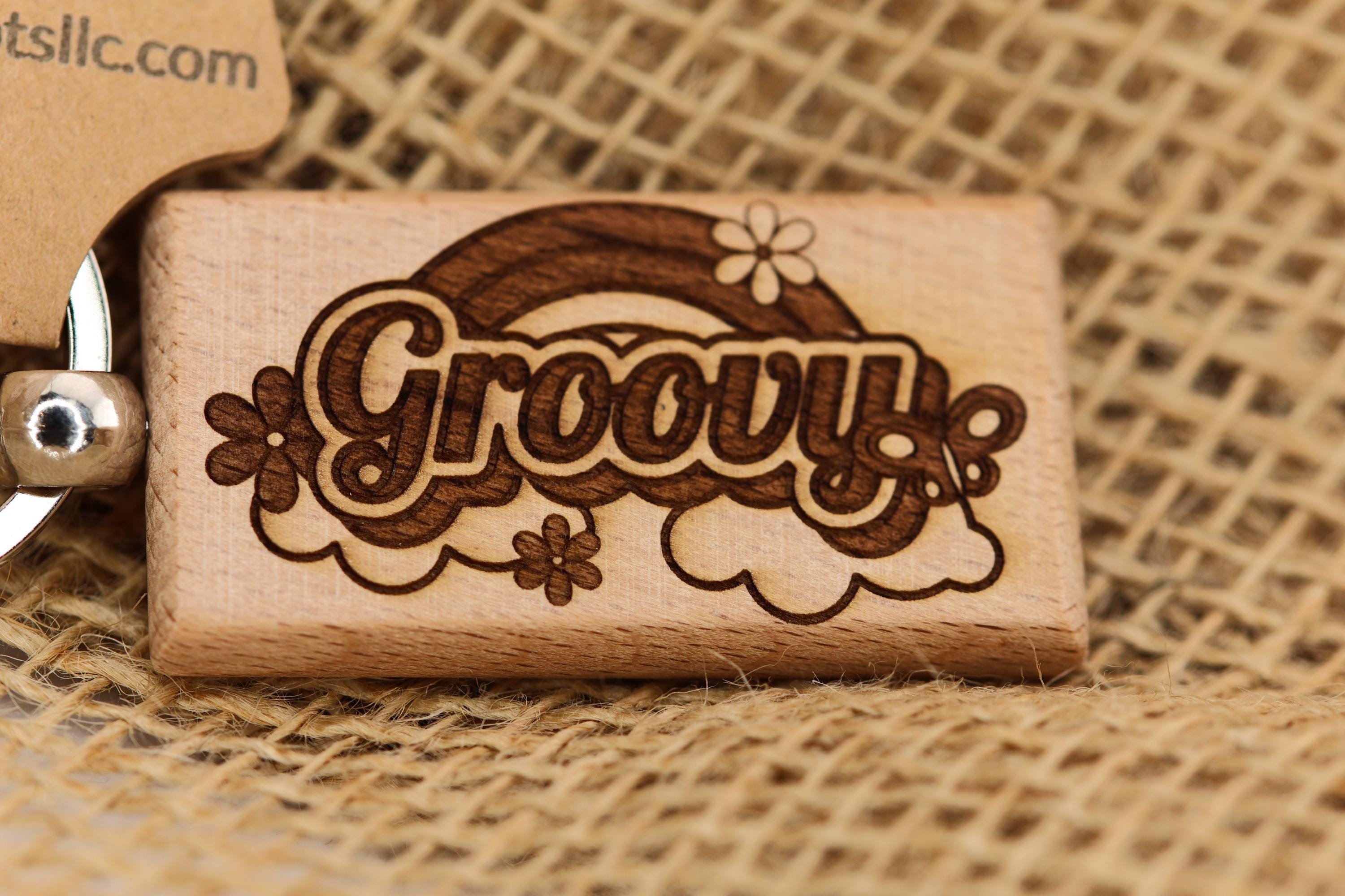 Groovy hardwood keychain / bag charm: laser engraved retro 70s style