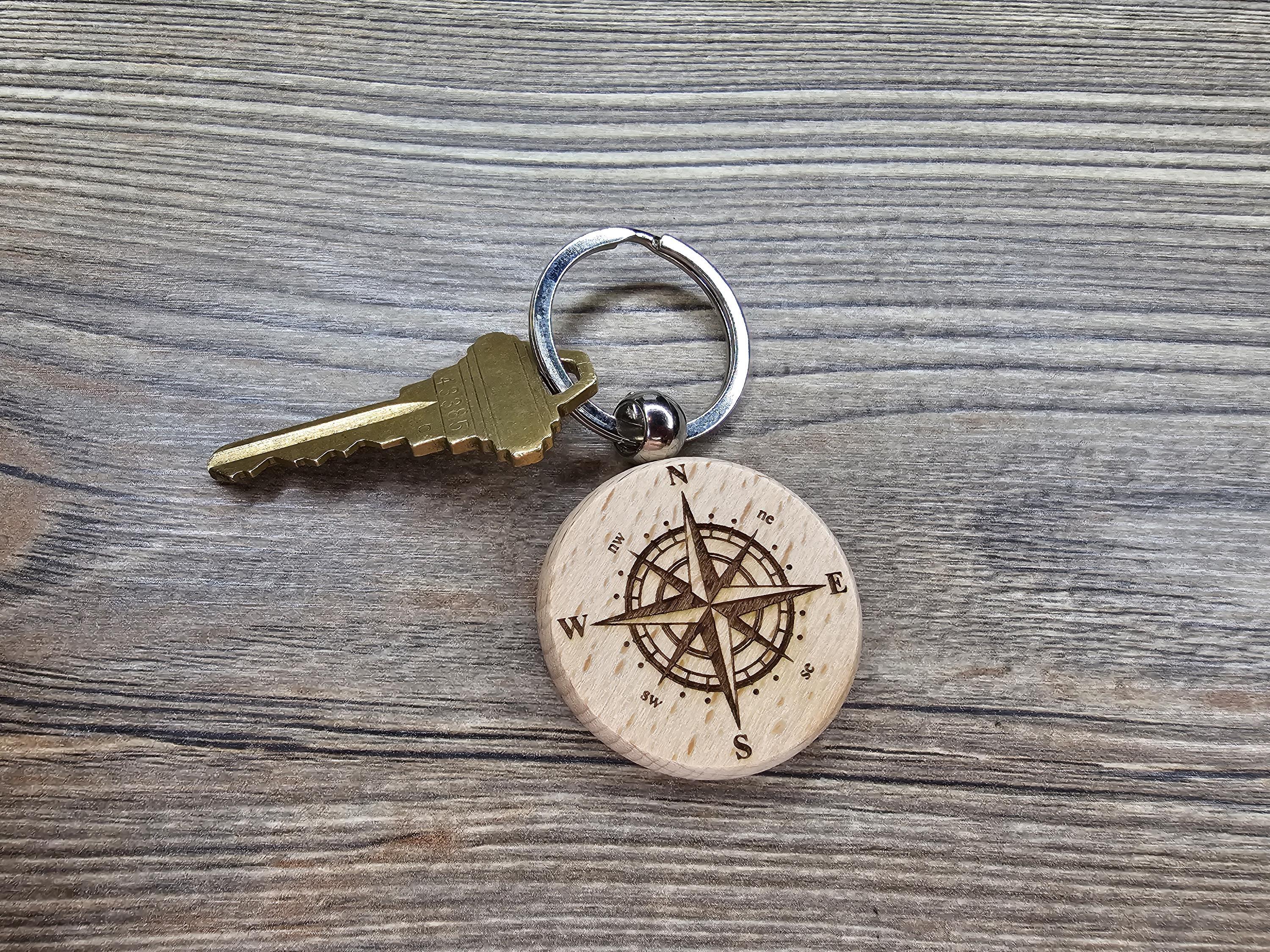 Laser engraved wood compass keychain / bag charm: double-sided adventure gift