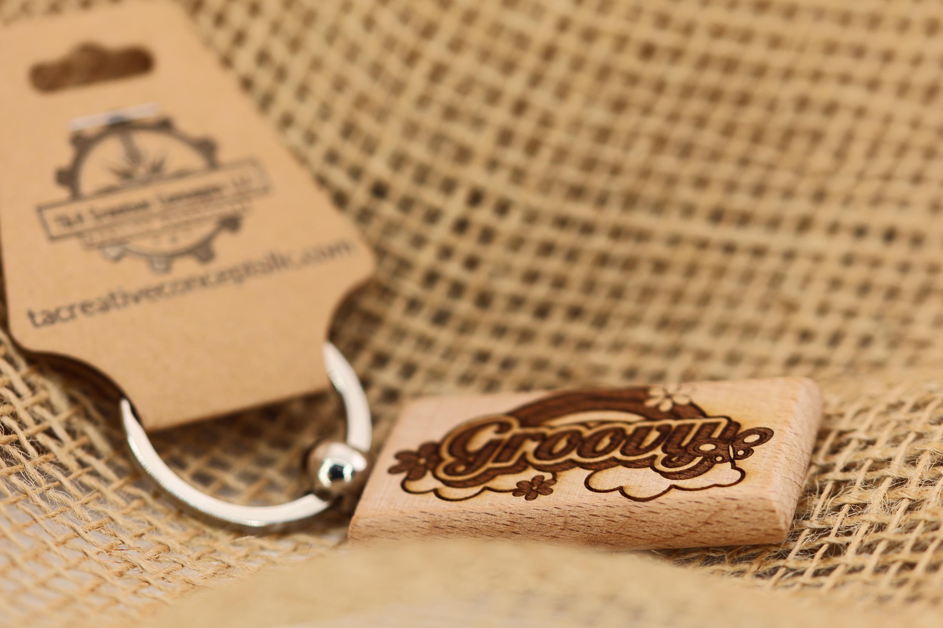 Groovy hardwood keychain / bag charm: laser engraved retro 70s style