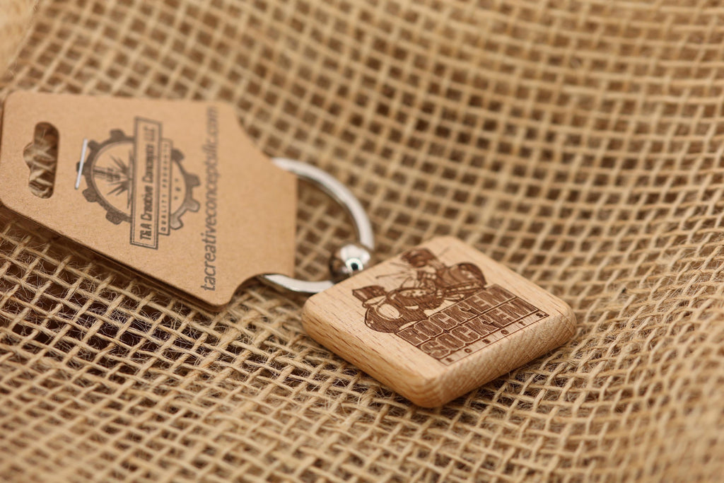 Rock'em Sock'em Robots keychain / bag charm: laser engraved wood, retro game gift