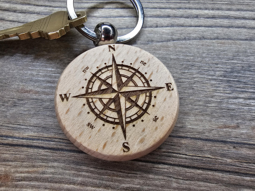 Laser engraved wood compass keychain / bag charm: double-sided adventure gift