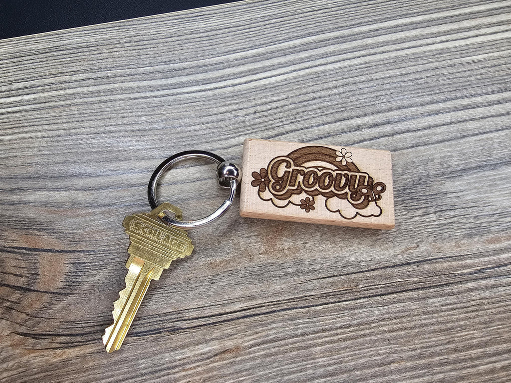 Groovy hardwood keychain / bag charm: laser engraved retro 70s style