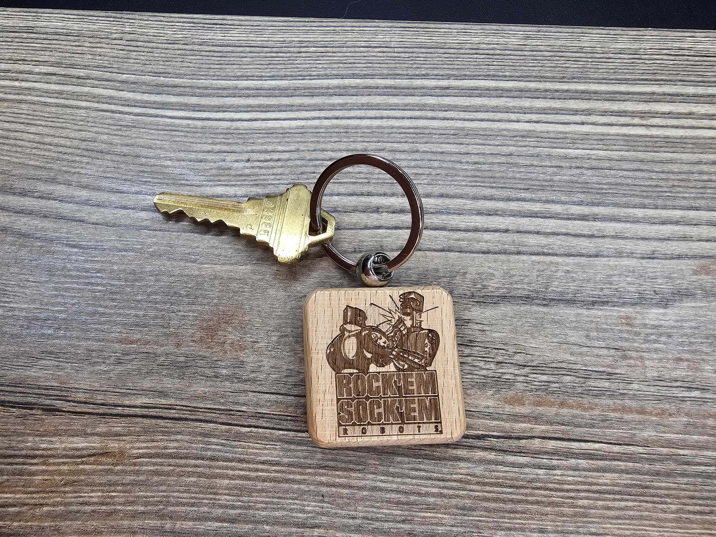 Rock'em Sock'em Robots keychain / bag charm: laser engraved wood, retro game gift