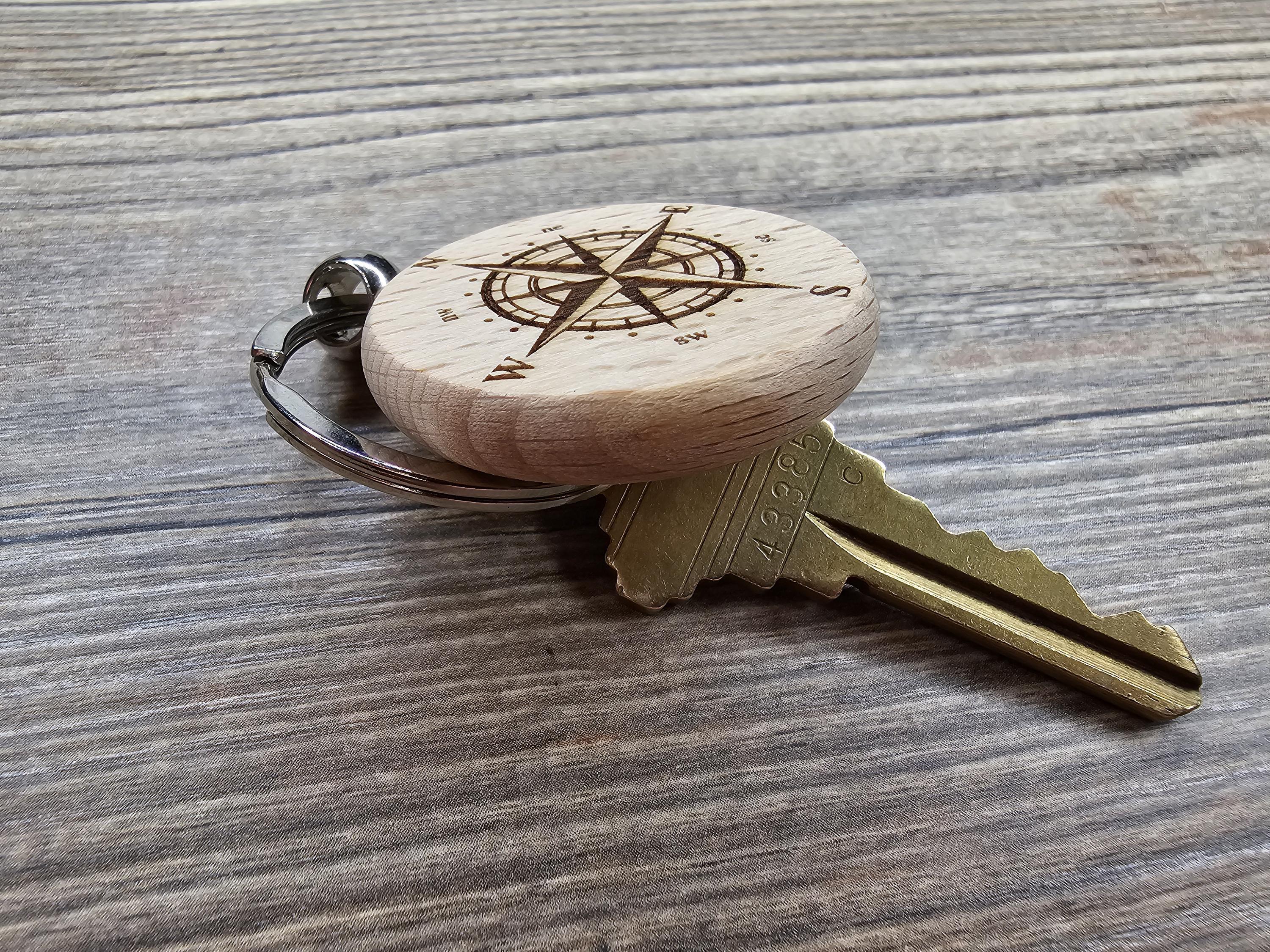 Laser engraved wood compass keychain / bag charm: double-sided adventure gift