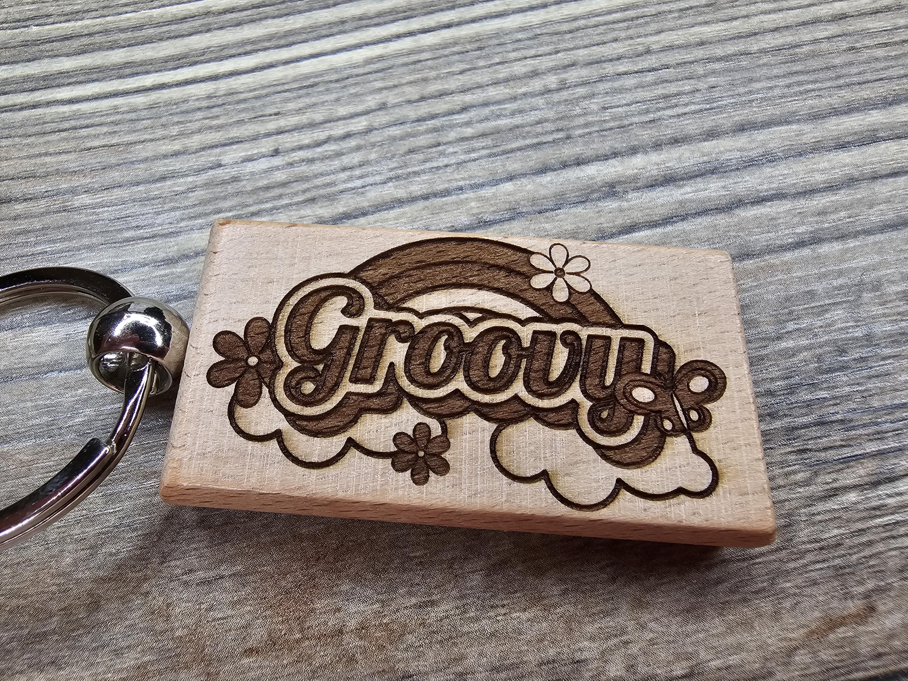 Groovy hardwood keychain / bag charm: laser engraved retro 70s style