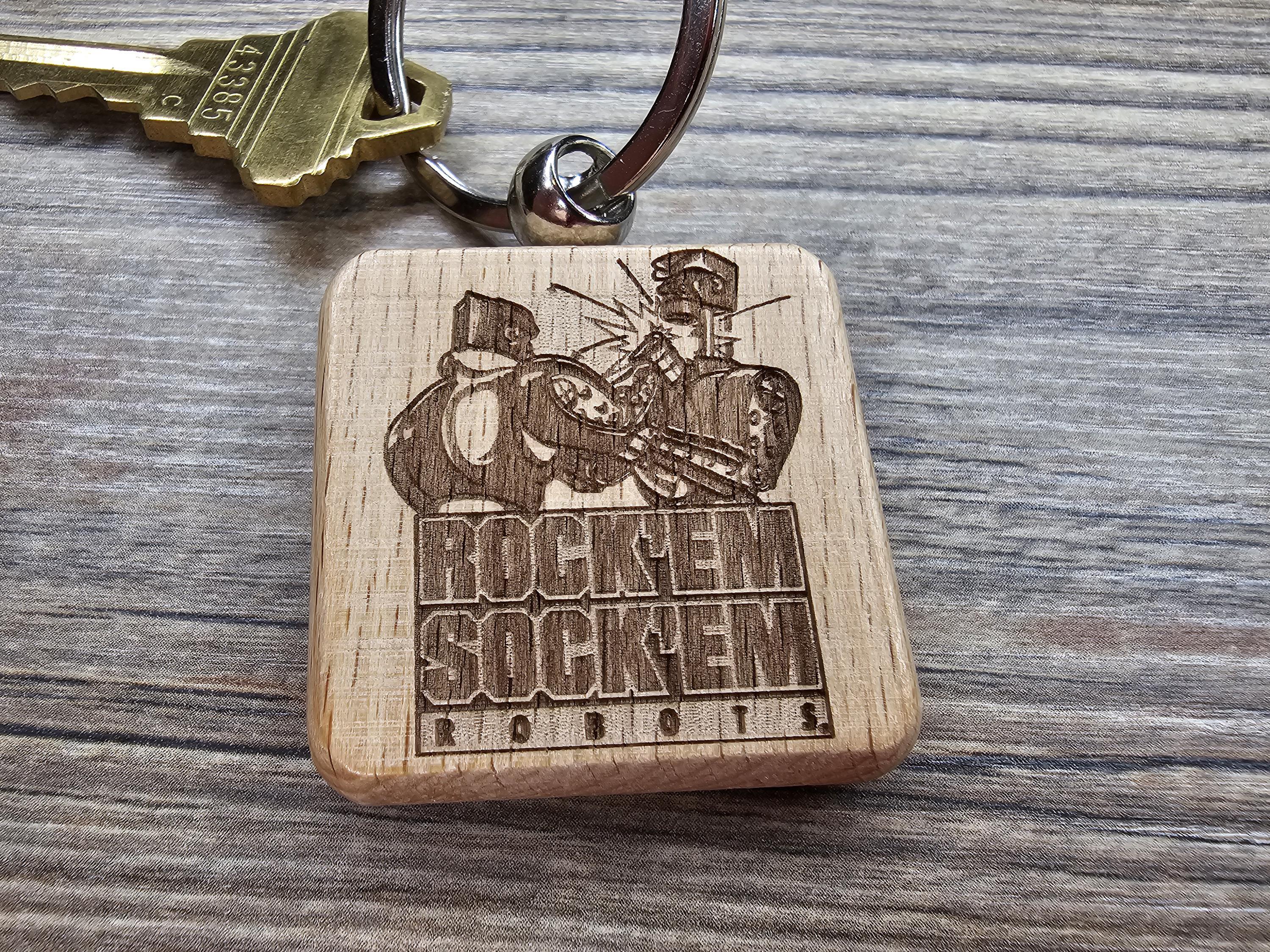 Rock'em Sock'em Robots keychain / bag charm: laser engraved wood, retro game gift
