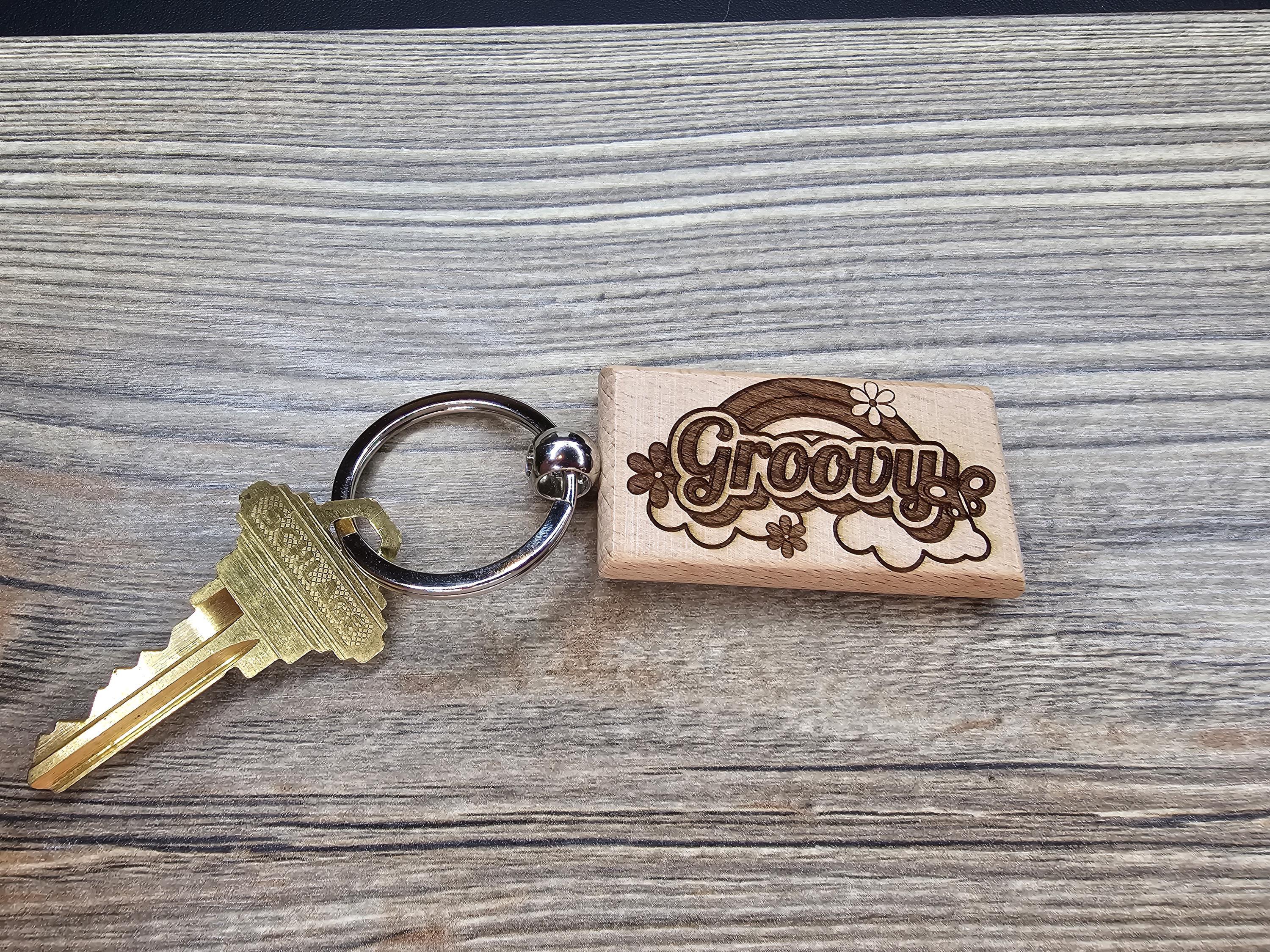 Groovy hardwood keychain / bag charm: laser engraved retro 70s style