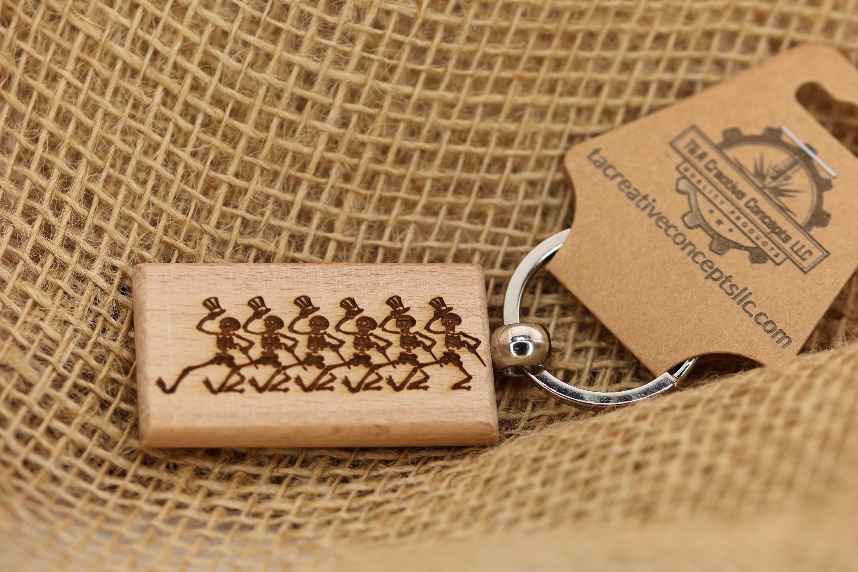 Grateful Dead dancing skeletons keychain / bag charm – double-sided laser engraved hardwood with stainless steel keyring, deadhead gift