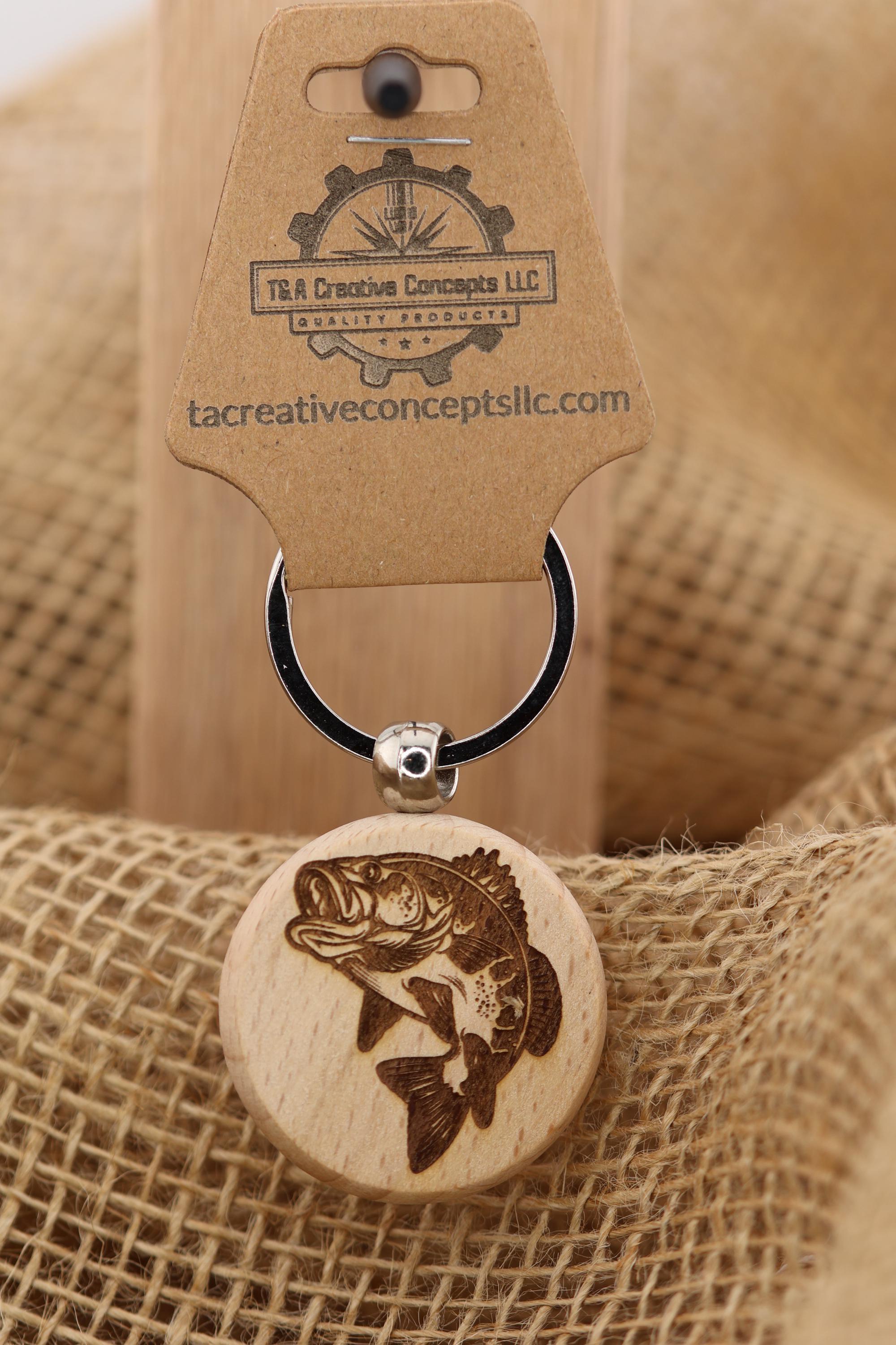 Laser engraved largemouth bass keychain / bag charm: hardwood fisherman gift