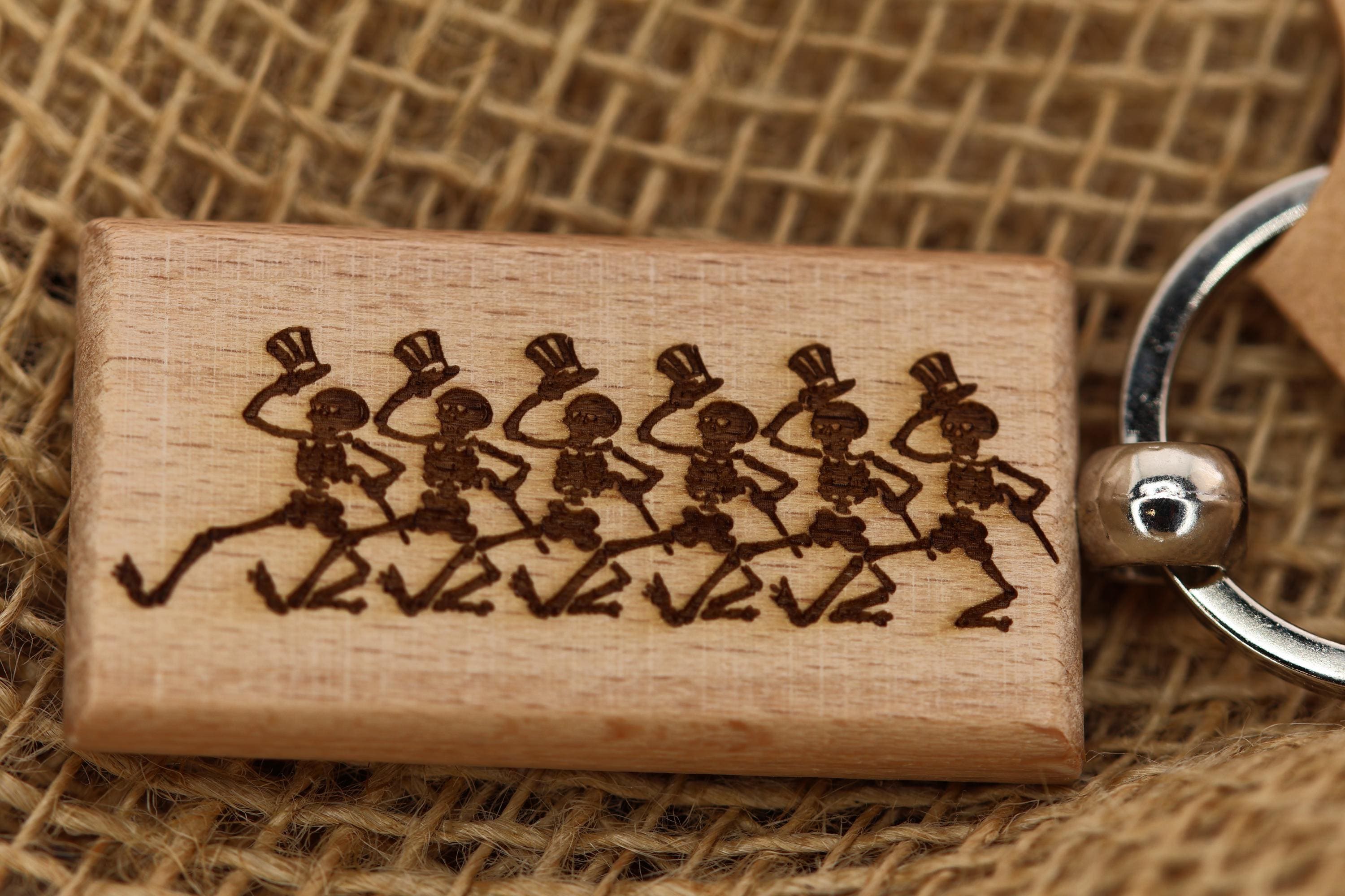 Grateful Dead dancing skeletons keychain / bag charm – double-sided laser engraved hardwood with stainless steel keyring, deadhead gift