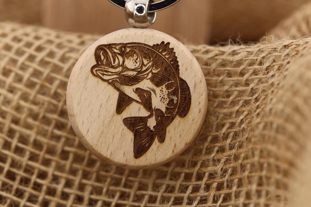 Laser engraved largemouth bass keychain / bag charm: hardwood fisherman gift
