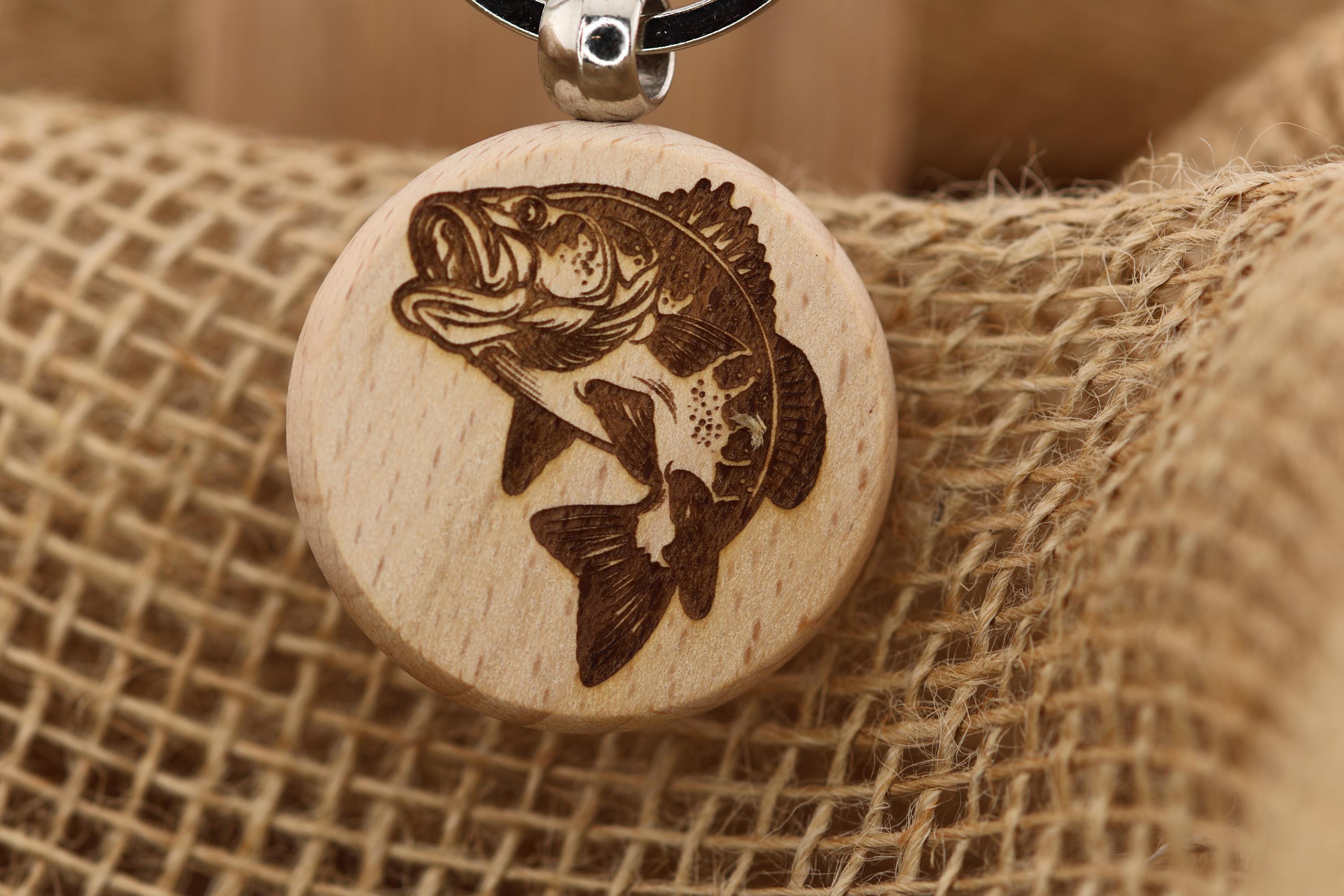 Laser engraved largemouth bass keychain / bag charm: hardwood fisherman gift