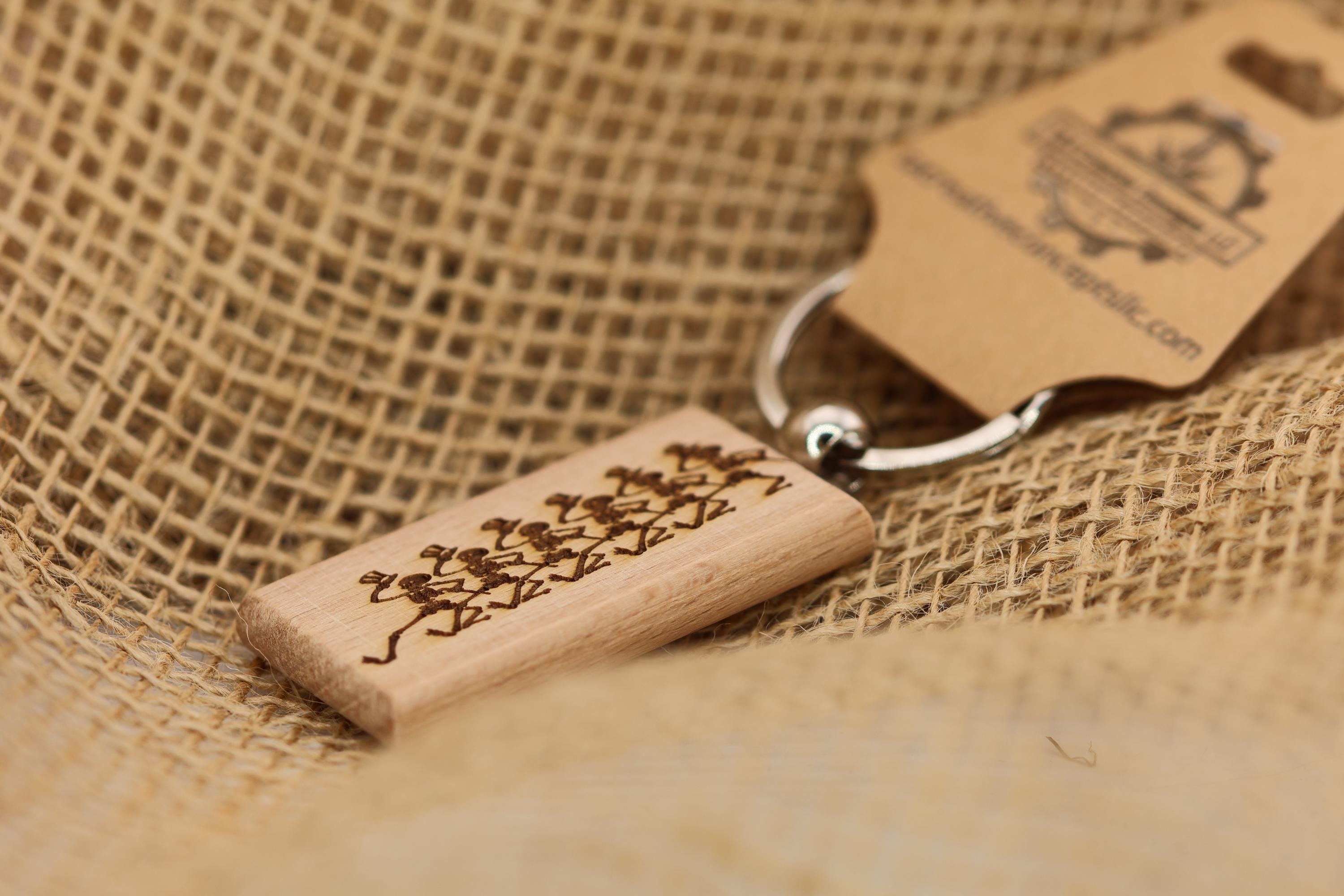 Grateful Dead dancing skeletons keychain / bag charm – double-sided laser engraved hardwood with stainless steel keyring, deadhead gift