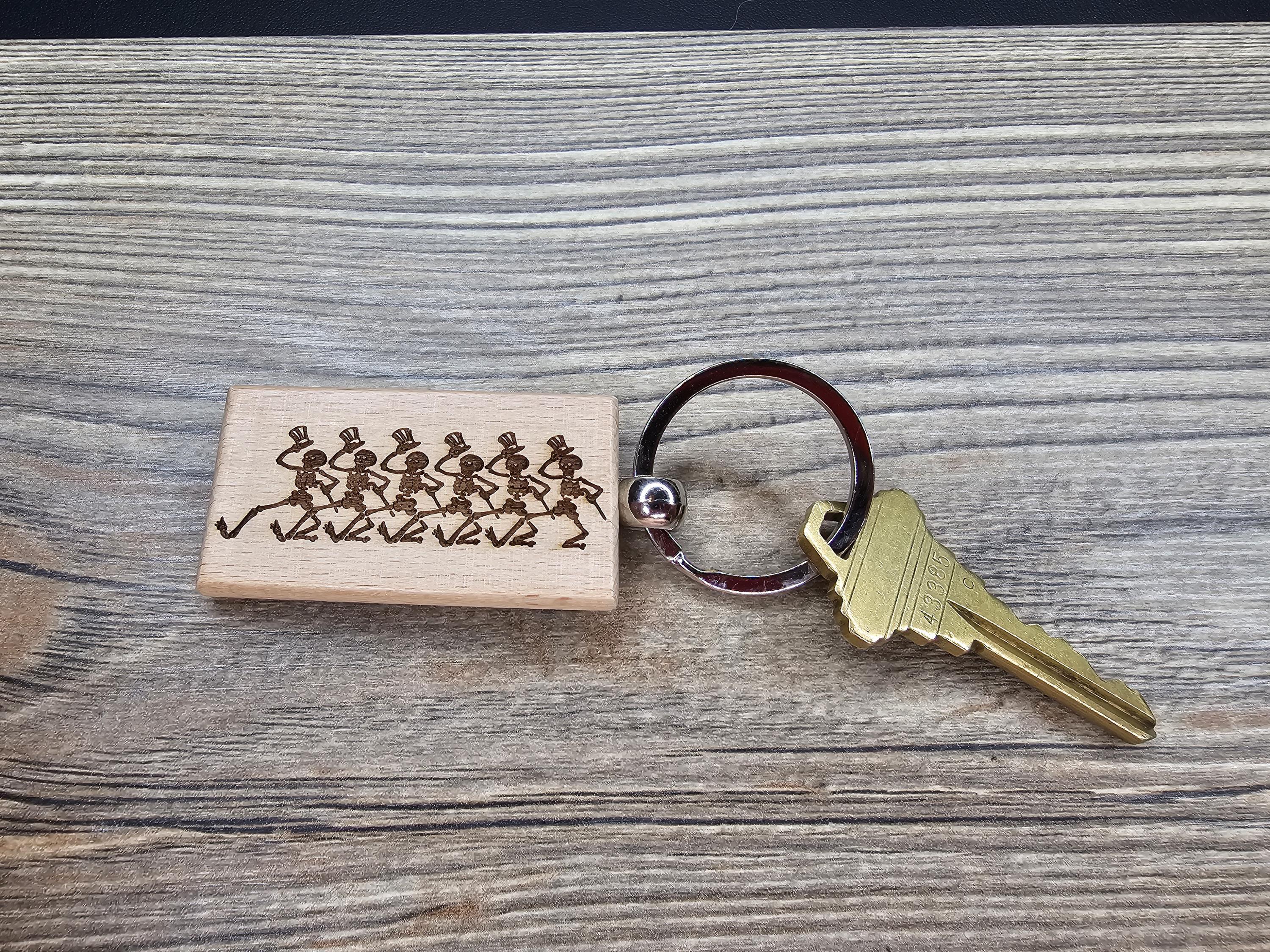 Grateful Dead dancing skeletons keychain / bag charm – double-sided laser engraved hardwood with stainless steel keyring, deadhead gift