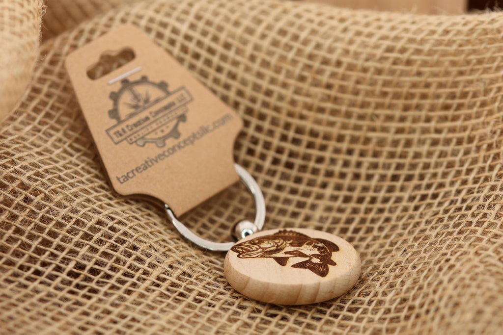 Laser engraved largemouth bass keychain / bag charm: hardwood fisherman gift